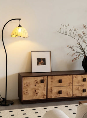 Suki Chinoiserie Arc Floor Lamp | Hemp Fabric Shade - Homezee