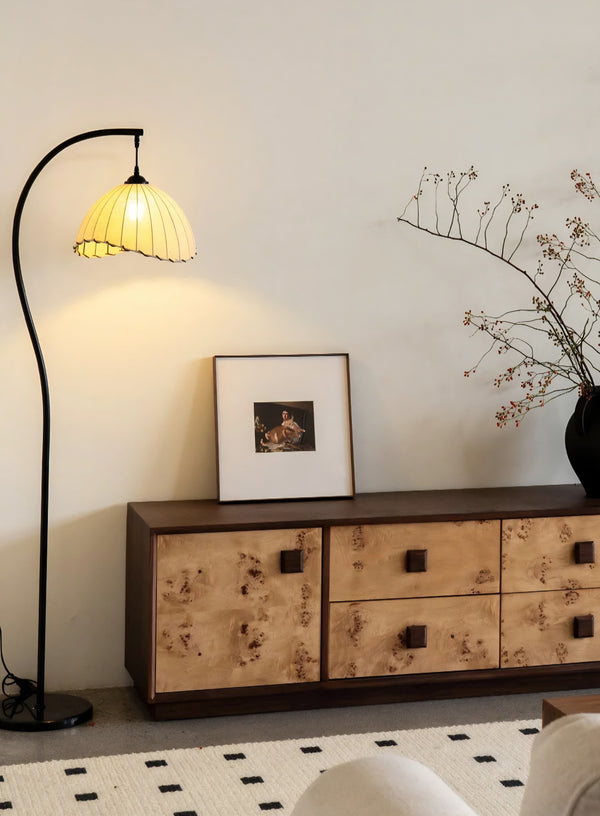 Suki Chinoiserie Arc Floor Lamp with Hemp Fabric Shade