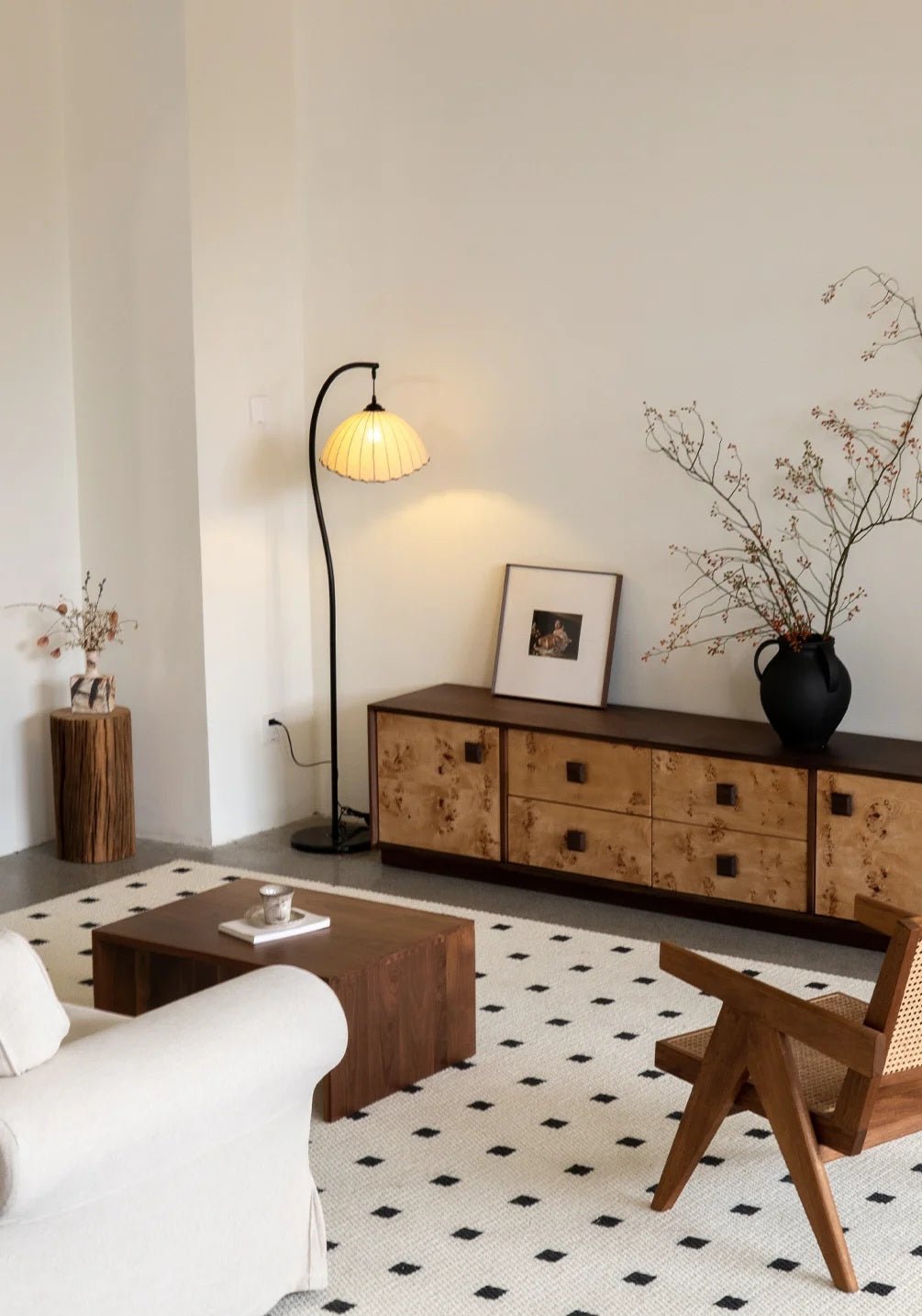 Suki Chinoiserie Arc Floor Lamp | Hemp Fabric Shade - Homezee