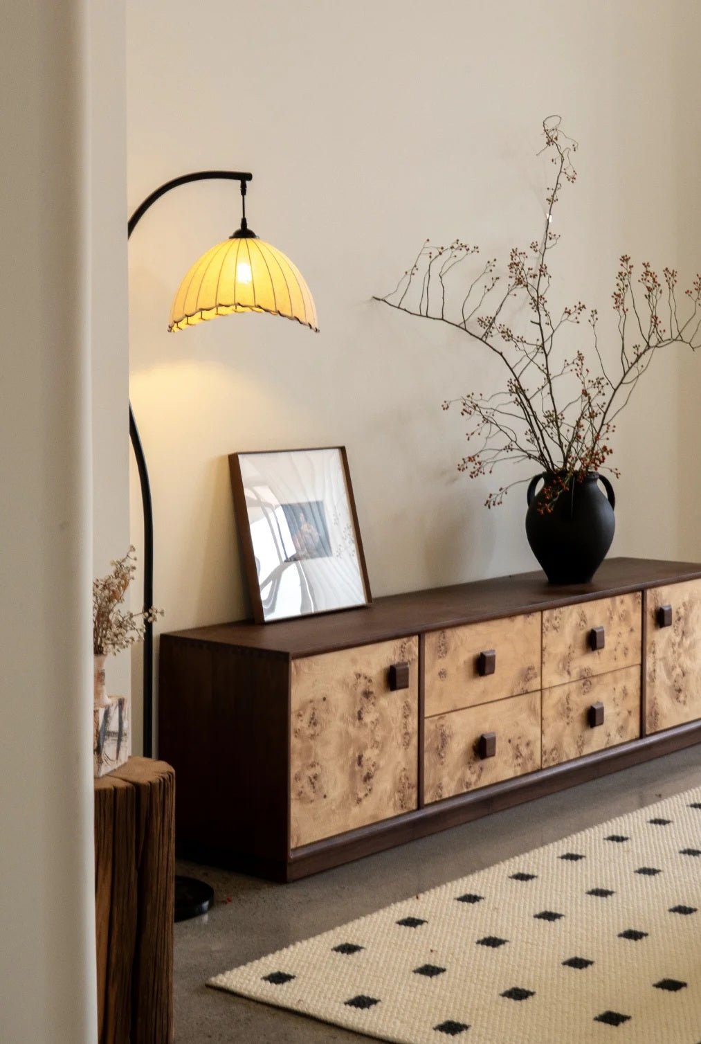 Suki Chinoiserie Arc Floor Lamp | Hemp Fabric Shade - Homezee