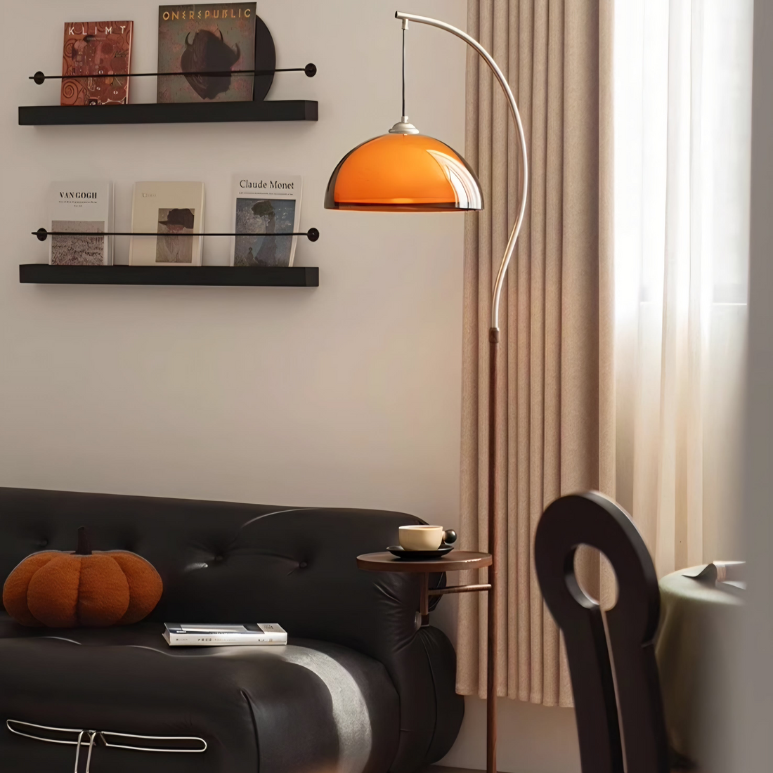 Coby Arc Floor Lamp Double Mushroom Shade with Optional Shelf in living room