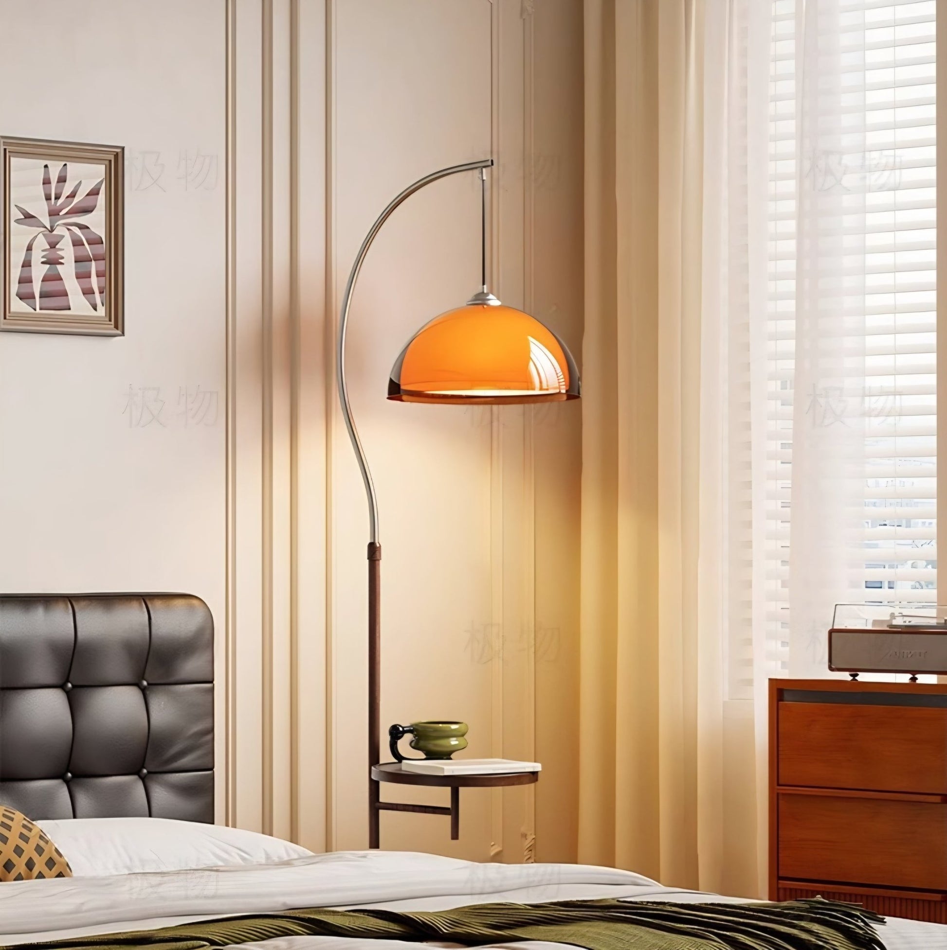 Coby Arc Floor Lamp Double Mushroom Shade with Optional Shelf - Homezee