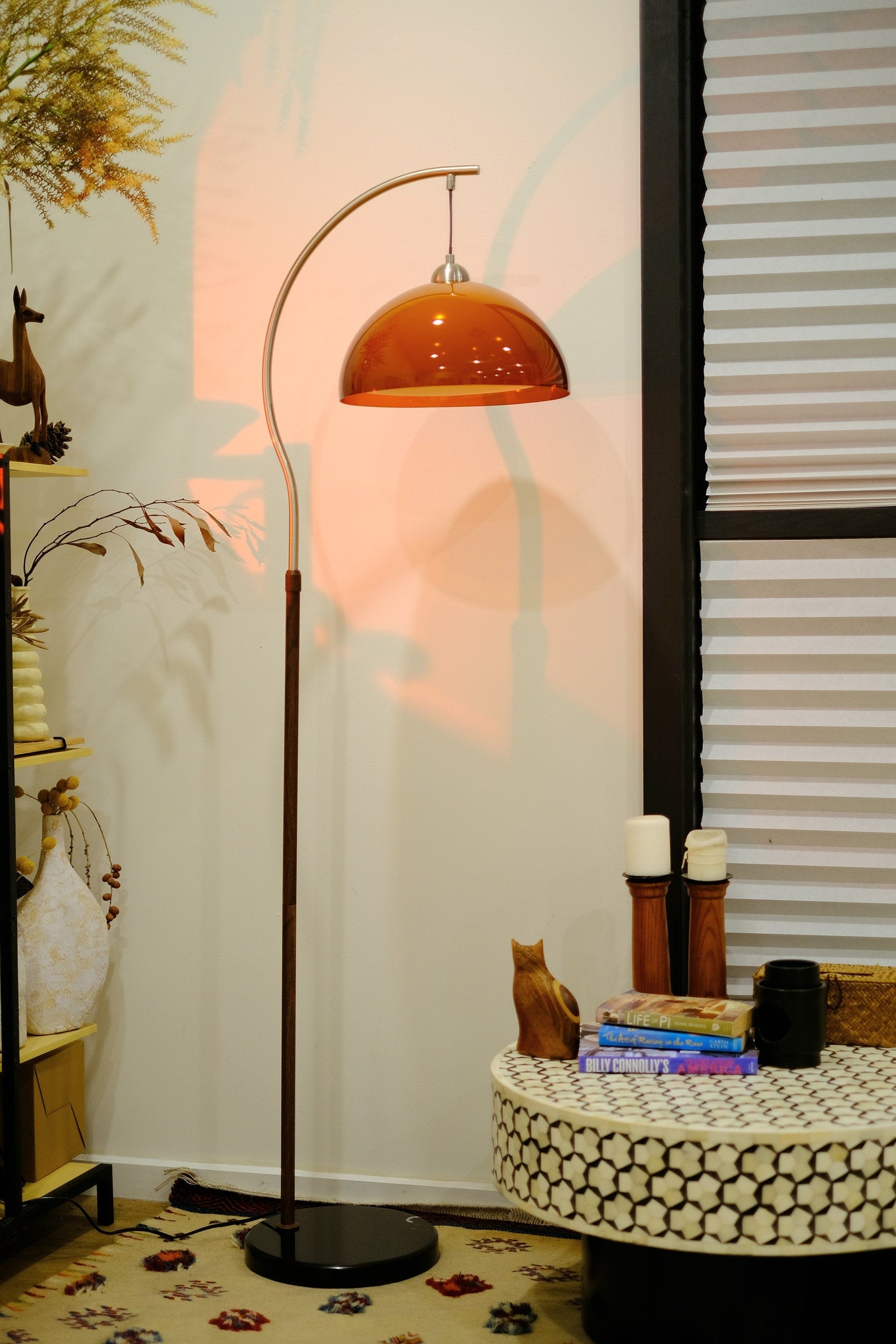 Coby Arc Floor Lamp Double Mushroom Shade with Optional Shelf - Homezee