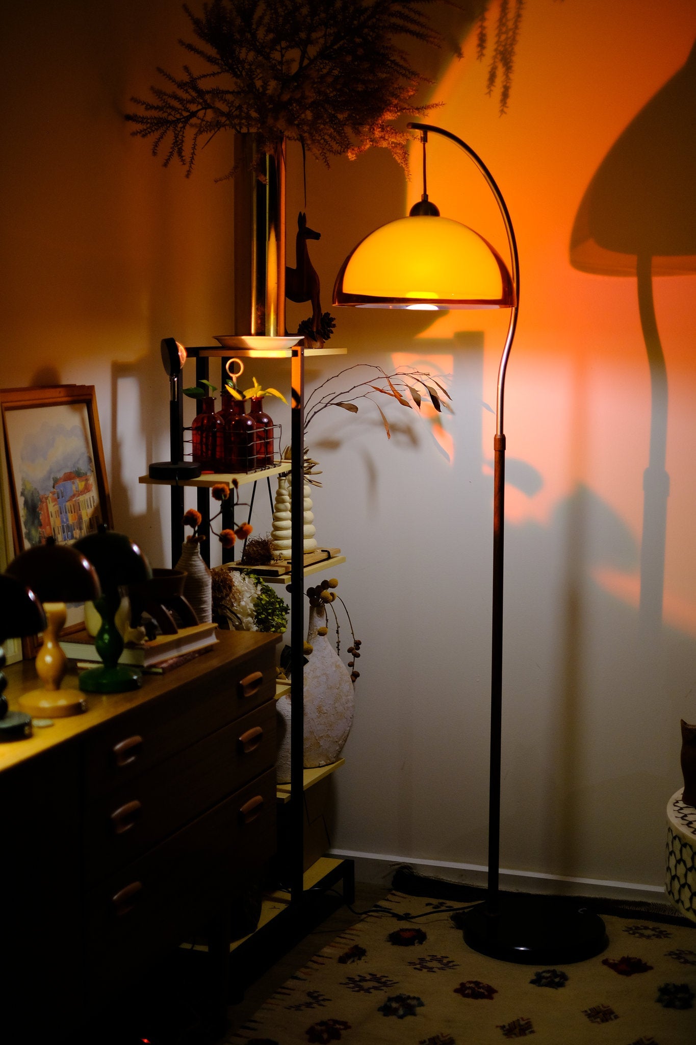 Coby Arc Floor Lamp Double Mushroom Shade with Optional Shelf - Homezee