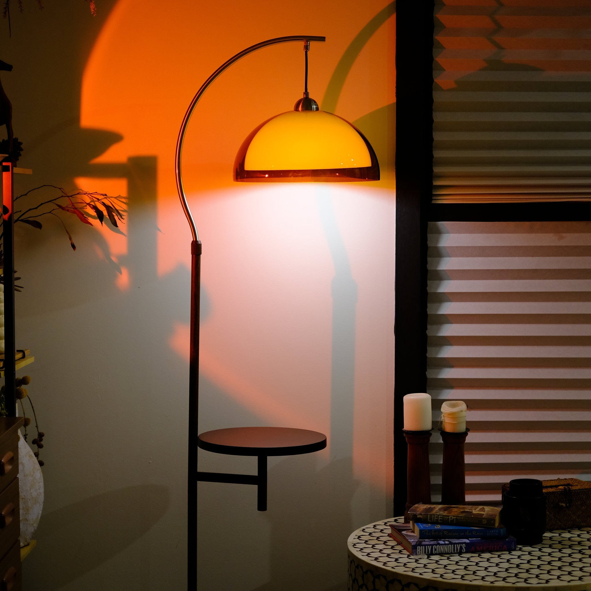 Coby Arc Floor Lamp Double Mushroom Shade with Optional Shelf - Homezee