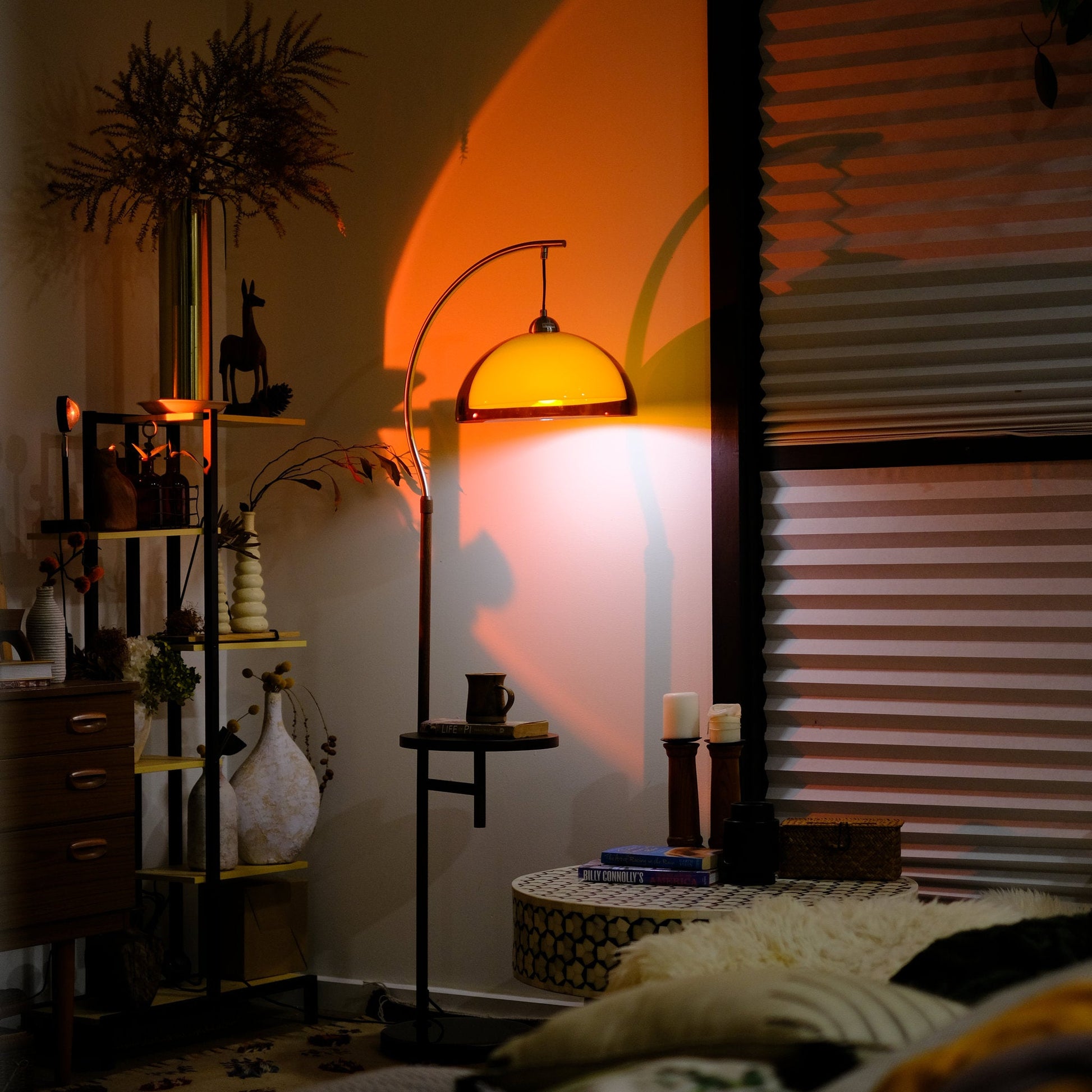 Coby Arc Floor Lamp Double Mushroom Shade with Optional Shelf - Homezee