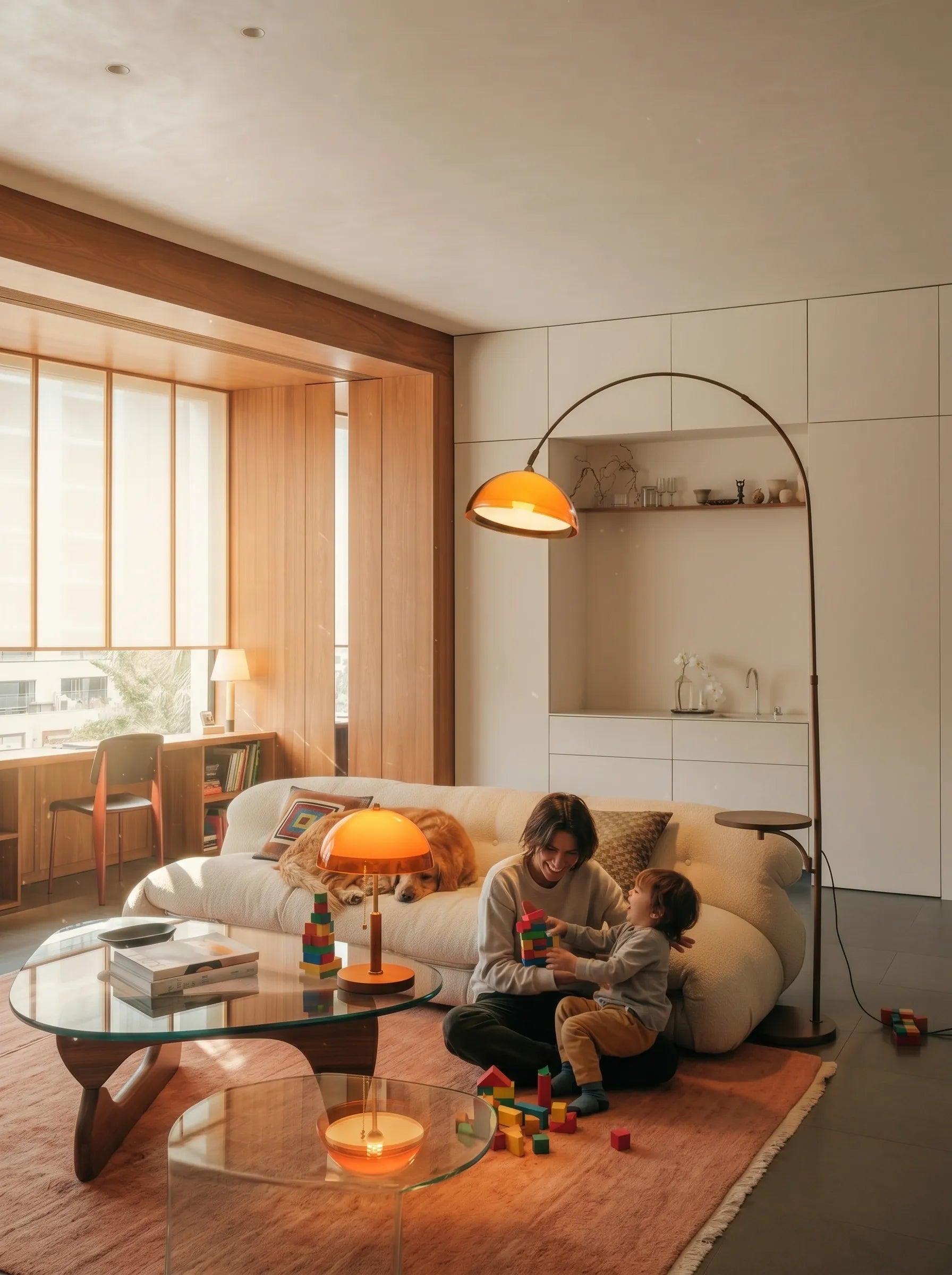 Grand Arc Floor Lamp With Table & Coby+ Double Shade Table Set
