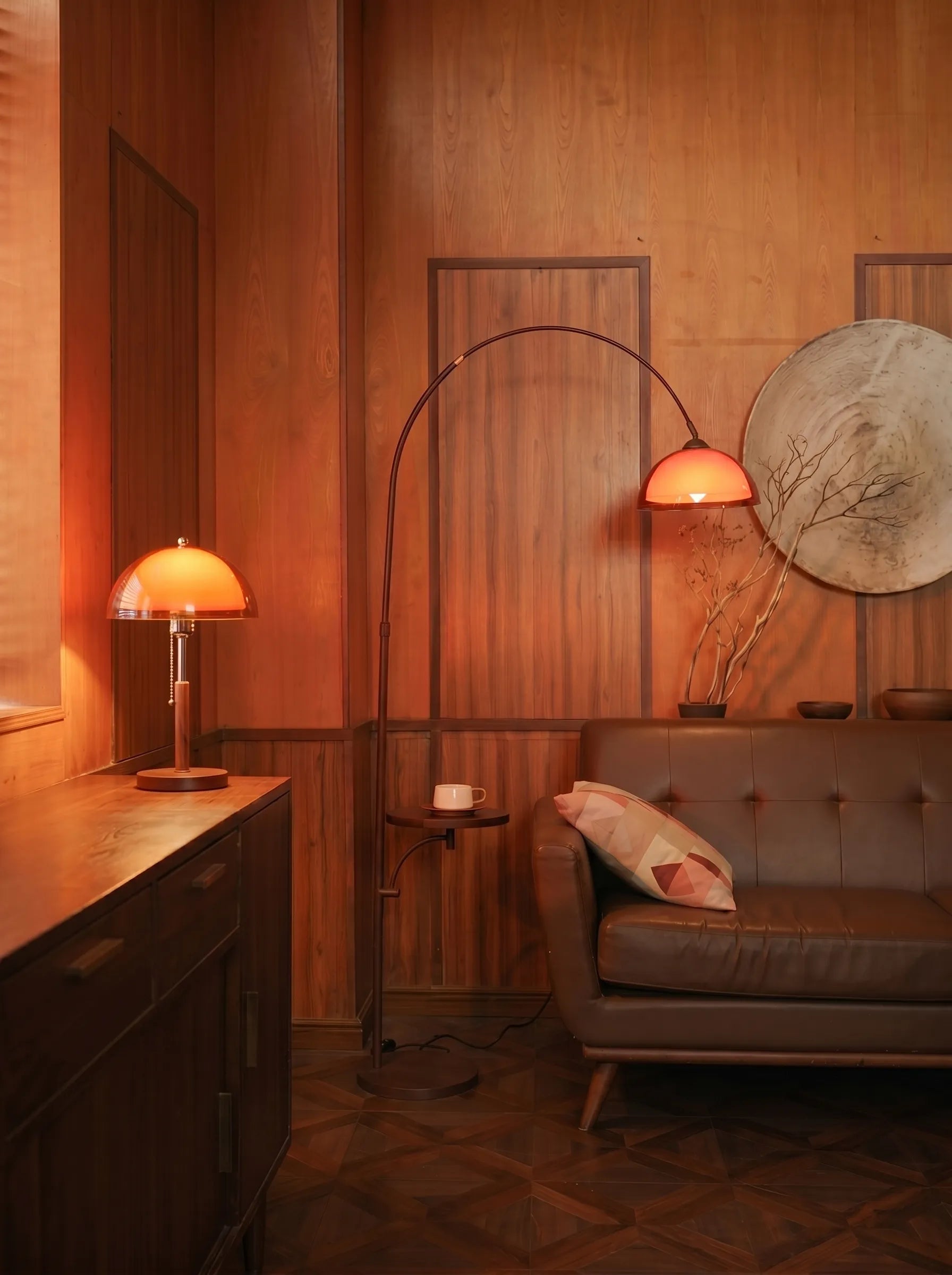 Grand Arc Floor Lamp With Table & Coby+ Double Shade Table Set