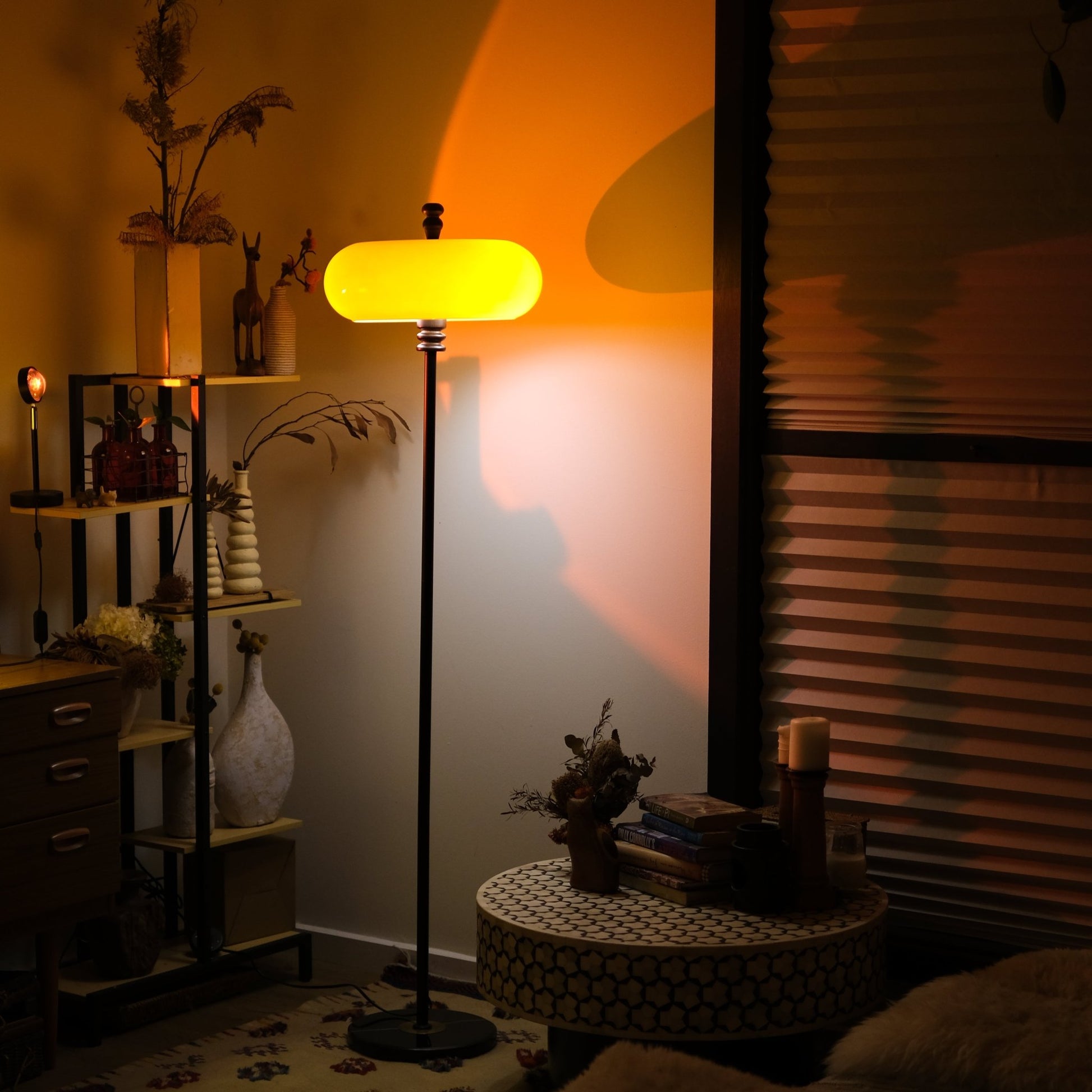 Mandarin Orange Retro Floor Lamp |Teak Wood Accent - Homezee