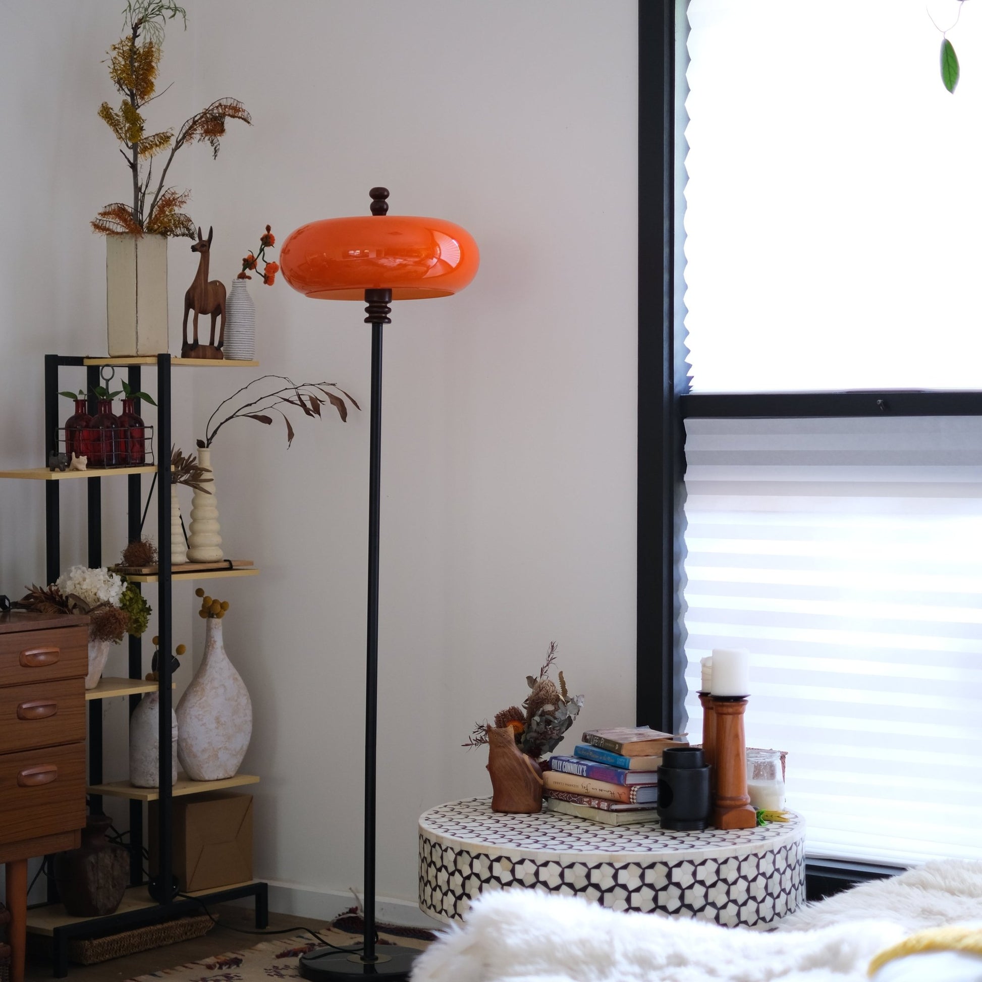 Mandarin Orange Retro Floor Lamp |Teak Wood Accent - Homezee