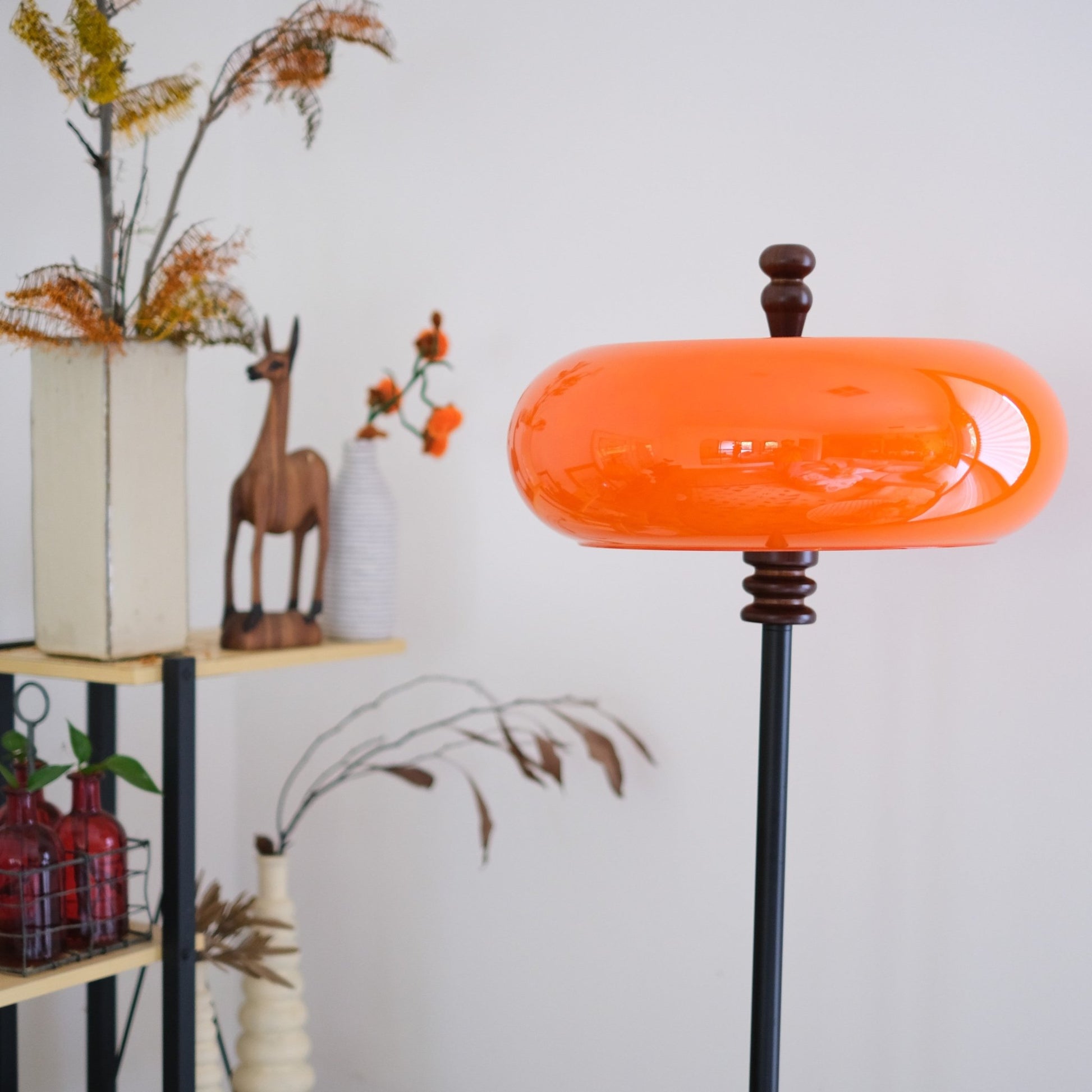 Mandarin Orange Retro Floor Lamp |Teak Wood Accent - Homezee