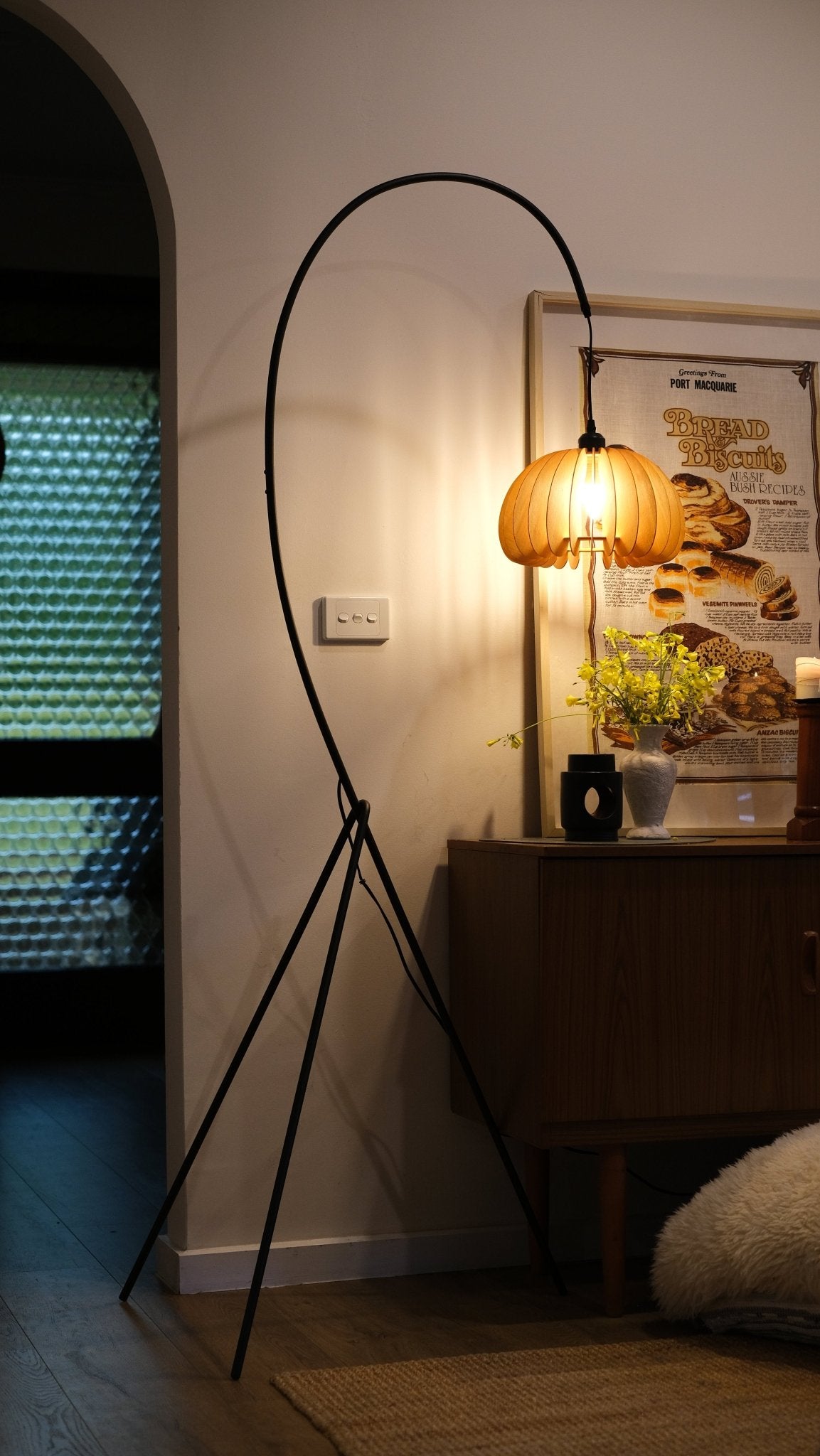 Hazel Tripod Wood Pumpkin Floor Lamp – Sculptural Modern Arc Lighting for Cozy Interiors - Homezee