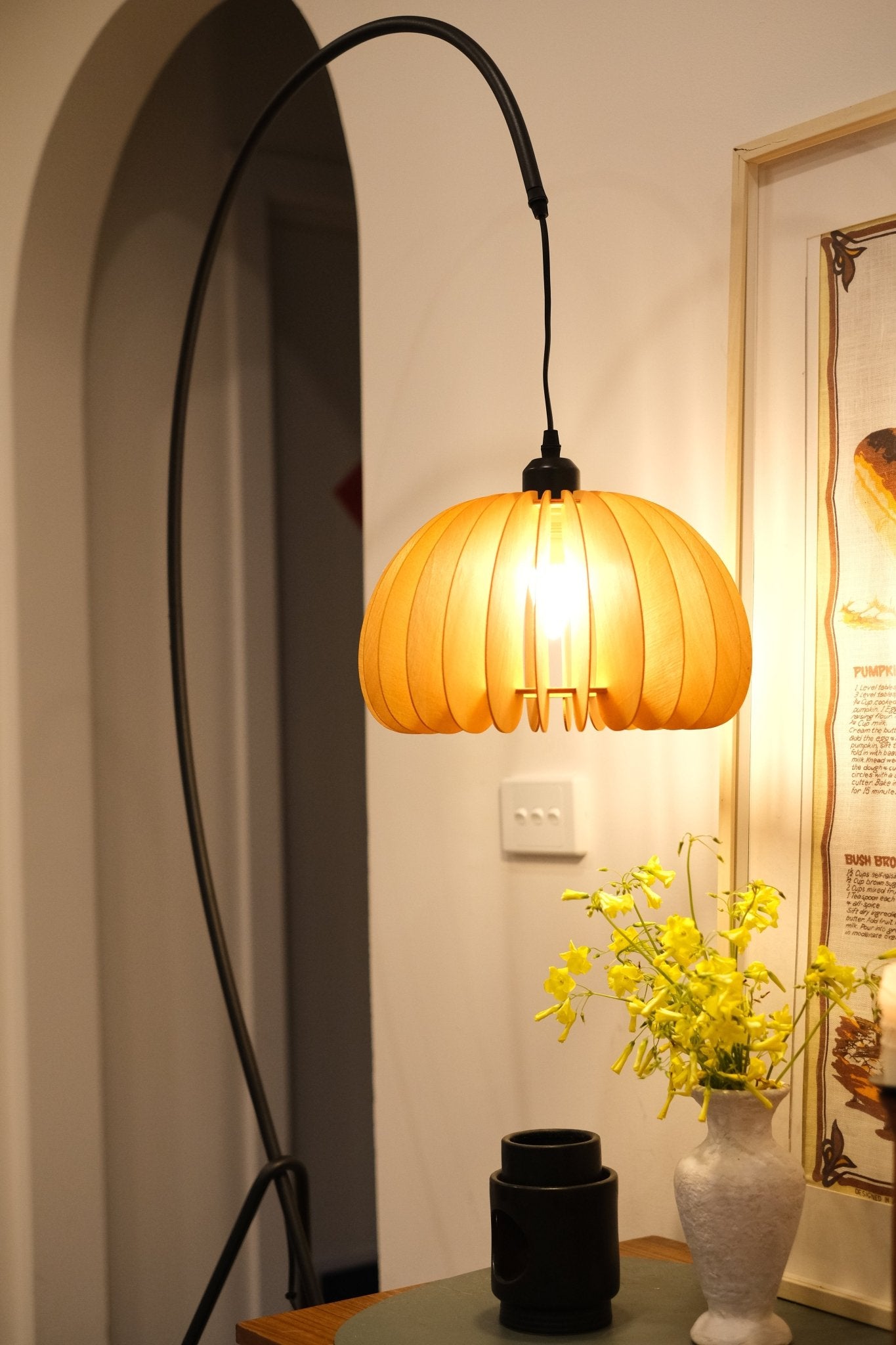 Hazel Tripod Wood Pumpkin Floor Lamp – Sculptural Modern Arc Lighting for Cozy Interiors - Homezee