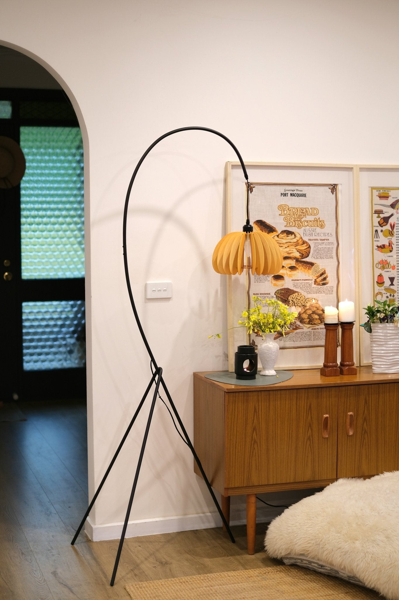 Hazel Tripod Wood Pumpkin Floor Lamp – Sculptural Modern Arc Lighting for Cozy Interiors - Homezee