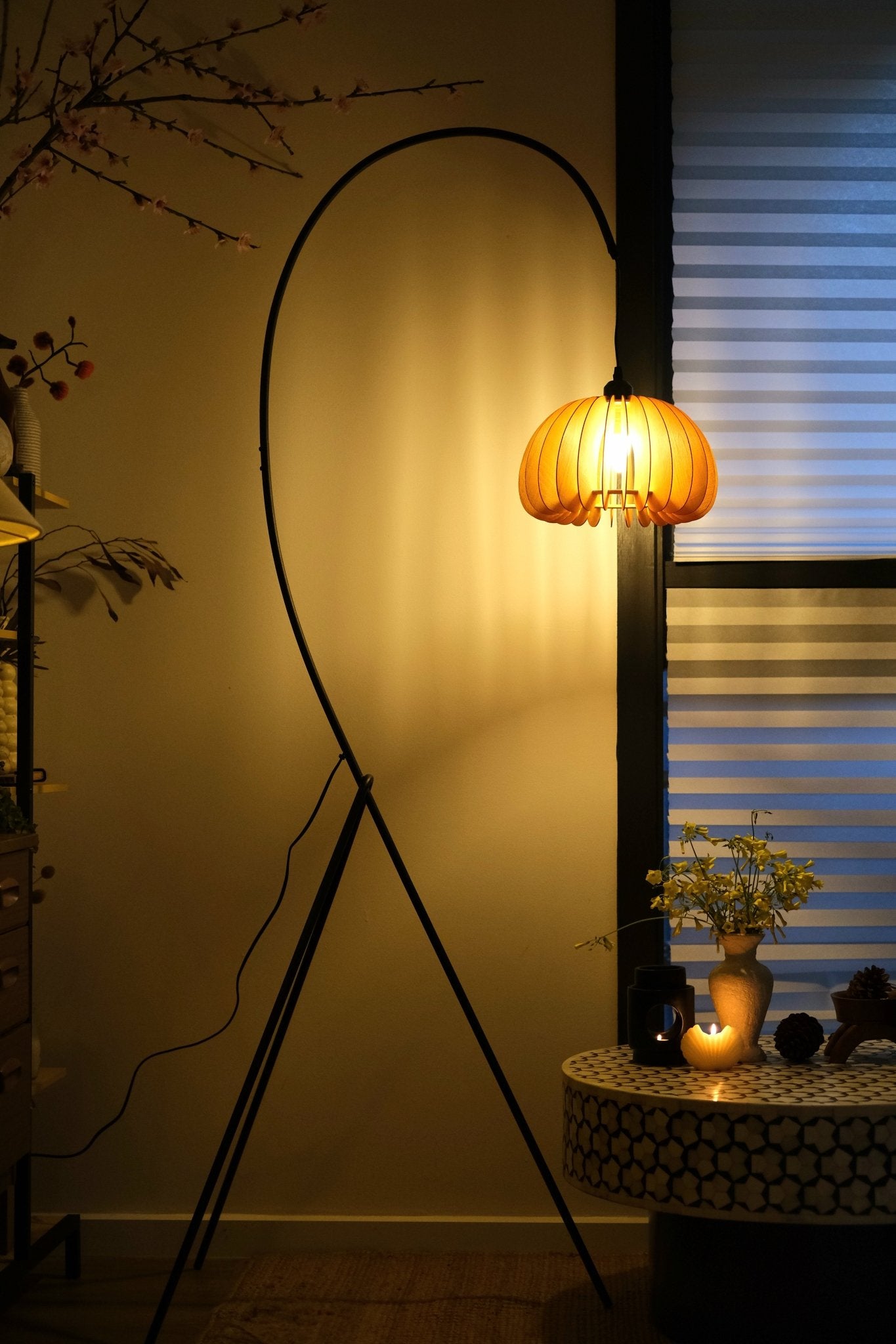 Hazel Tripod Wood Pumpkin Floor Lamp – Sculptural Modern Arc Lighting for Cozy Interiors - Homezee