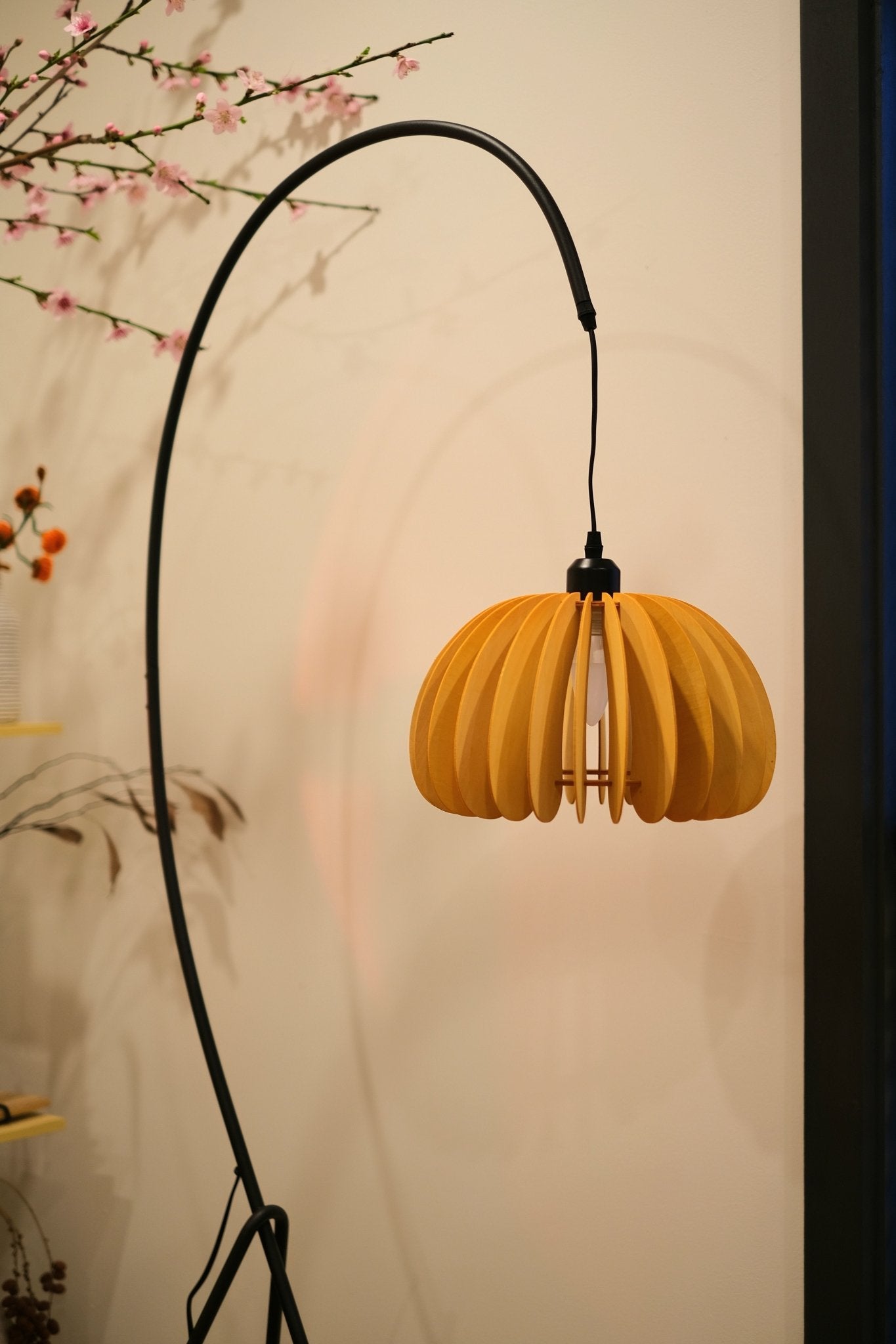 Hazel Tripod Wood Pumpkin Floor Lamp – Sculptural Modern Arc Lighting for Cozy Interiors - Homezee