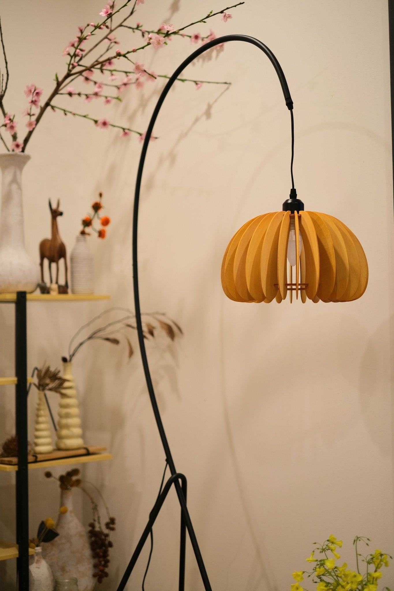 Hazel Tripod Wood Pumpkin Floor Lamp – Sculptural Modern Arc Lighting for Cozy Interiors - Homezee