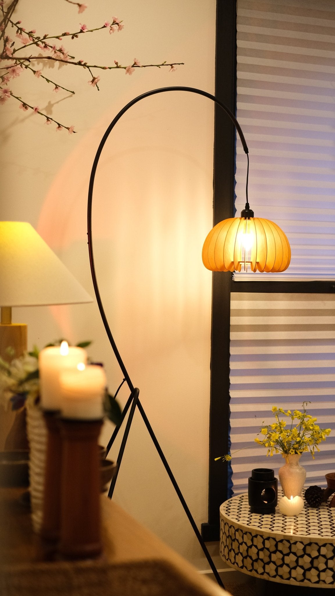 Hazel Tripod Wood Pumpkin Floor Lamp – Sculptural Modern Arc Lighting for Cozy Interiors - Homezee