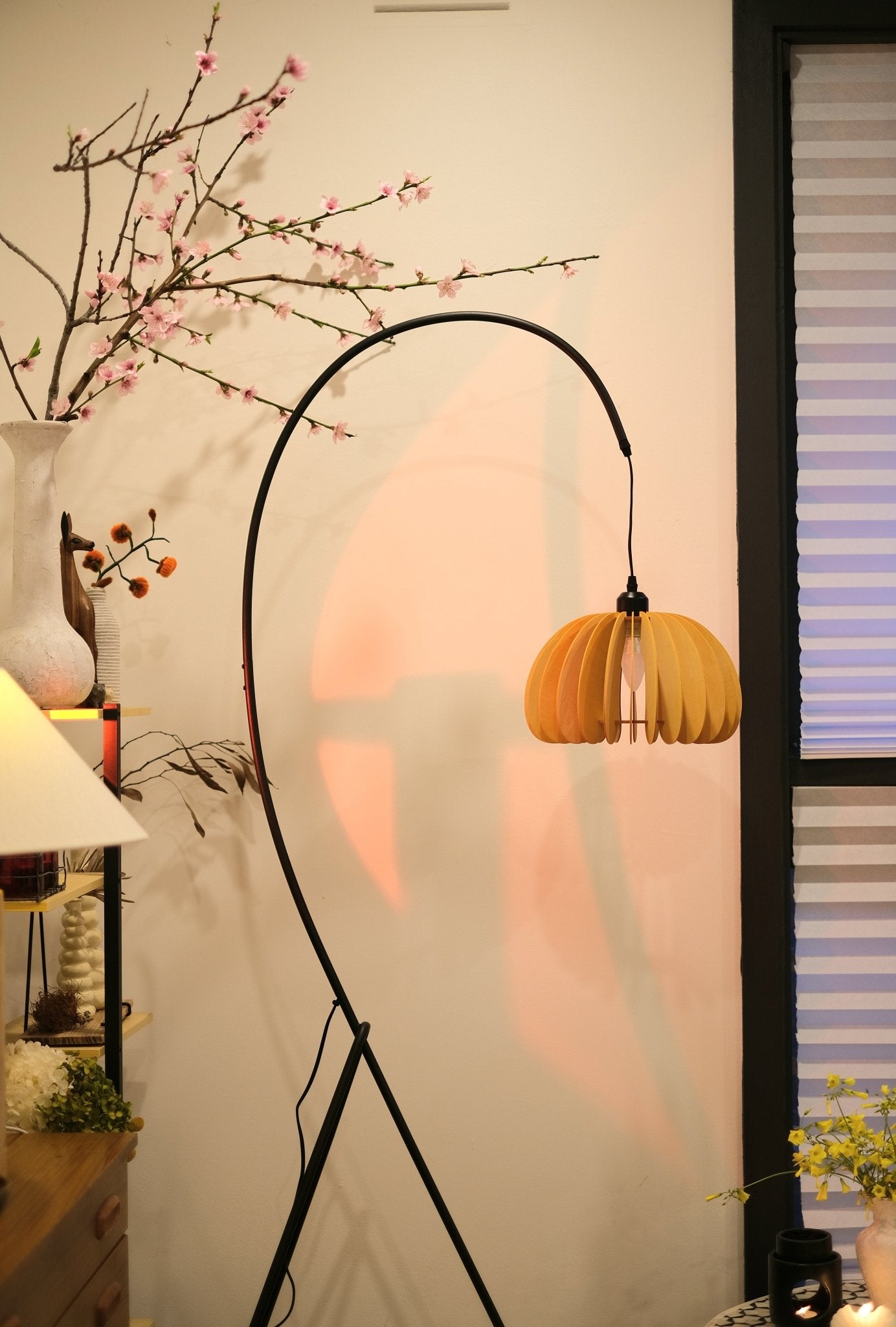 Hazel Tripod Wood Pumpkin Floor Lamp – Sculptural Modern Arc Lighting for Cozy Interiors - Homezee