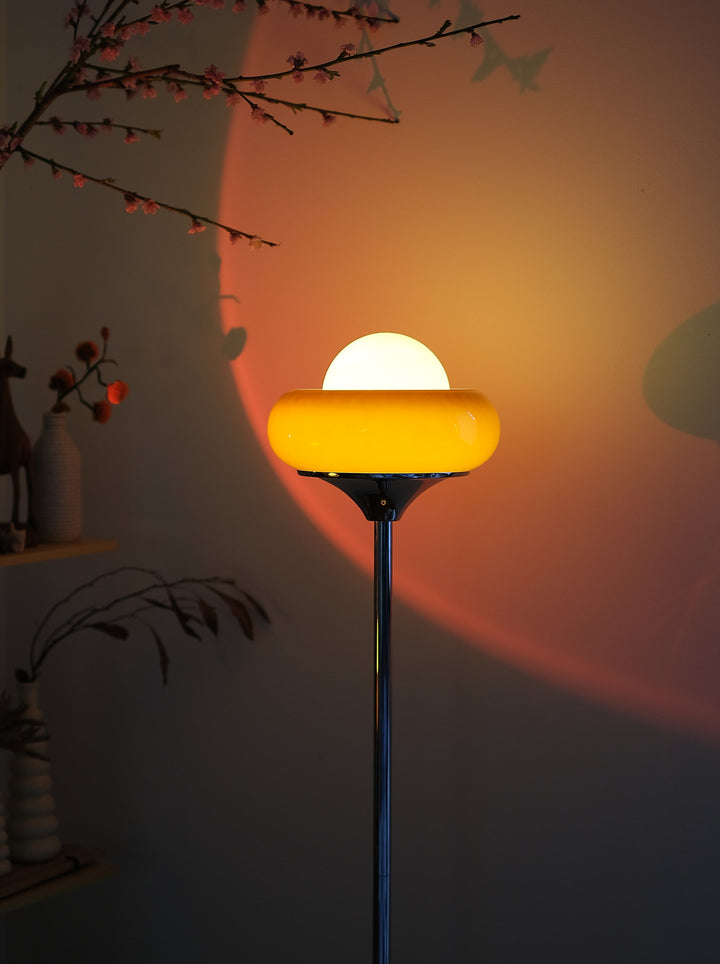 Retro Bauhaus lamp casting warm ambient glow in modern living room casting a warm glow against a dark wall.