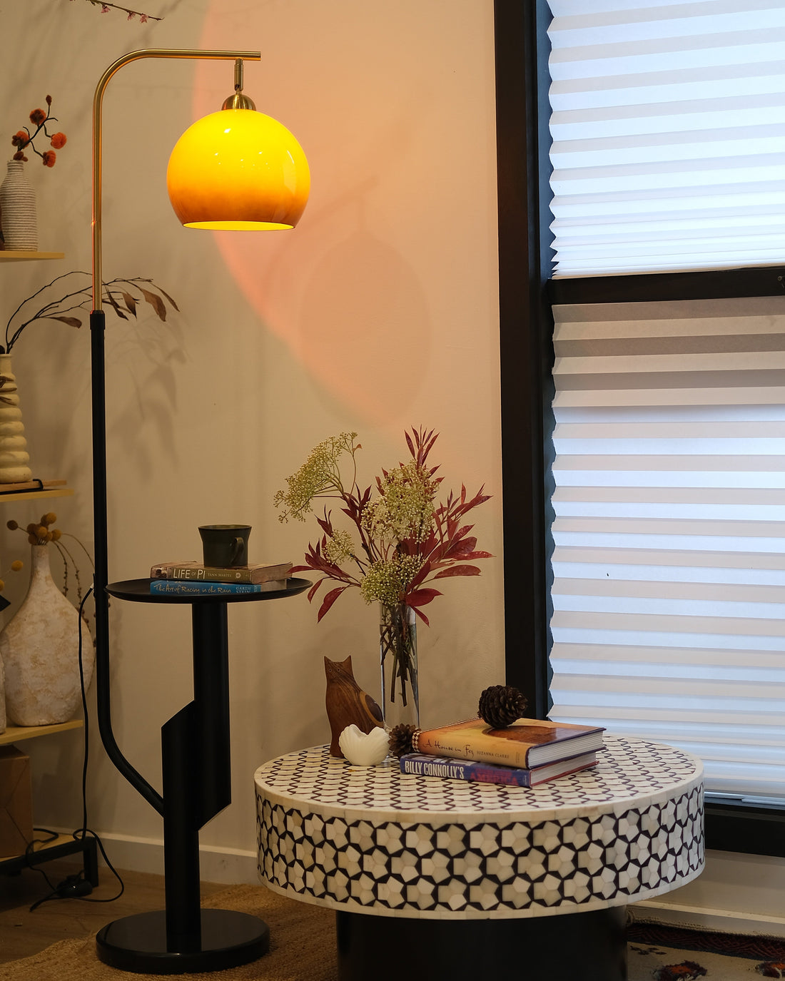 Carla Arc Floor Lamp with Side Table: A Cozy Scene in the Living Room
