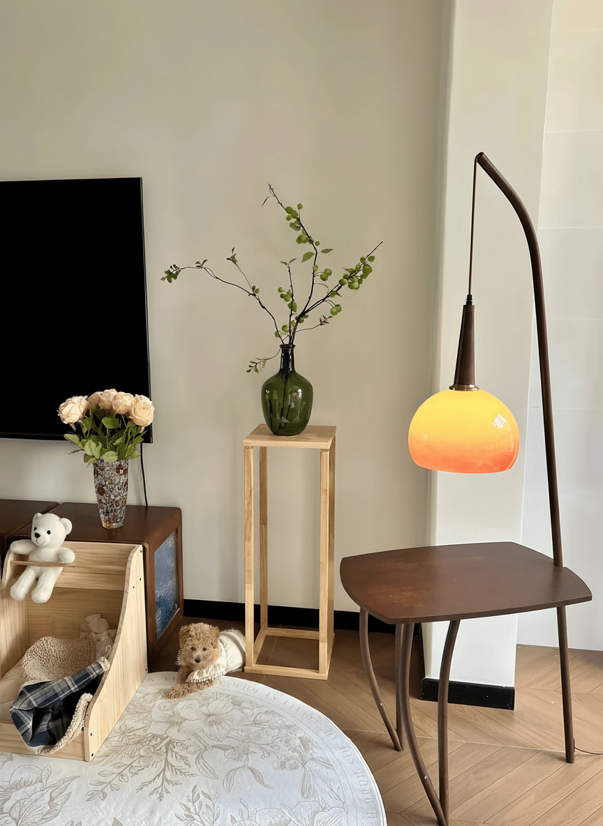 Domus Pollo Floor Lamp with Side Table – Retro Walnut & Glass Statement Light - Homezee