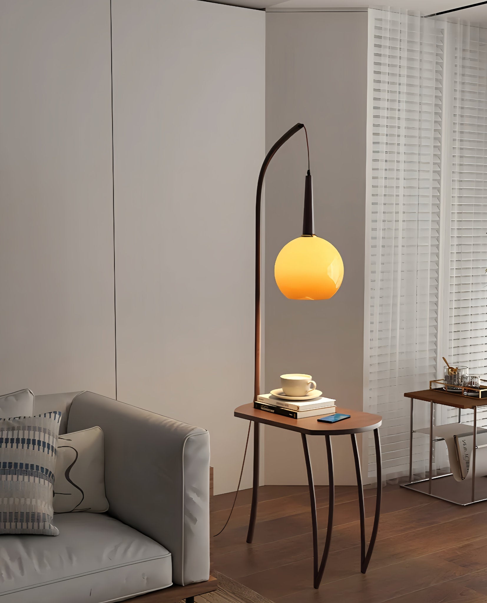 Domus Pollo Floor Lamp with Side Table – Retro Walnut & Glass Statement Light - Homezee