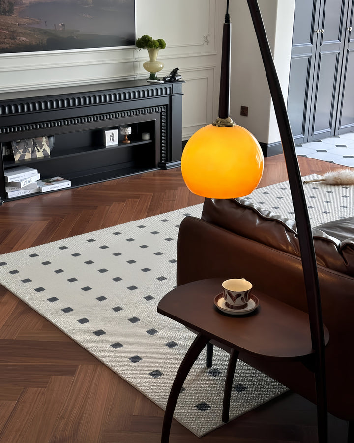 Living room with a brown sofa, coffee table, and decorative lamp -Functional 2-in-1 floor lamp with reading light and table storage