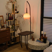 Domus Pollo Floor Lamp with Side Table – Retro Walnut & Glass Statement Light - Homezee