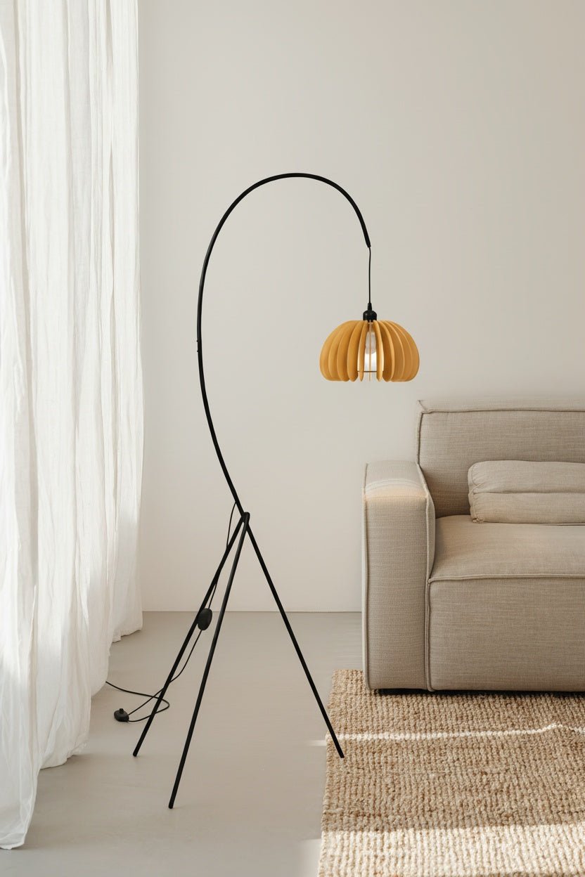 Hazel Tripod Wood Pumpkin Floor Lamp – Sculptural Modern Arc Lighting for Cozy Interiors - Homezee
