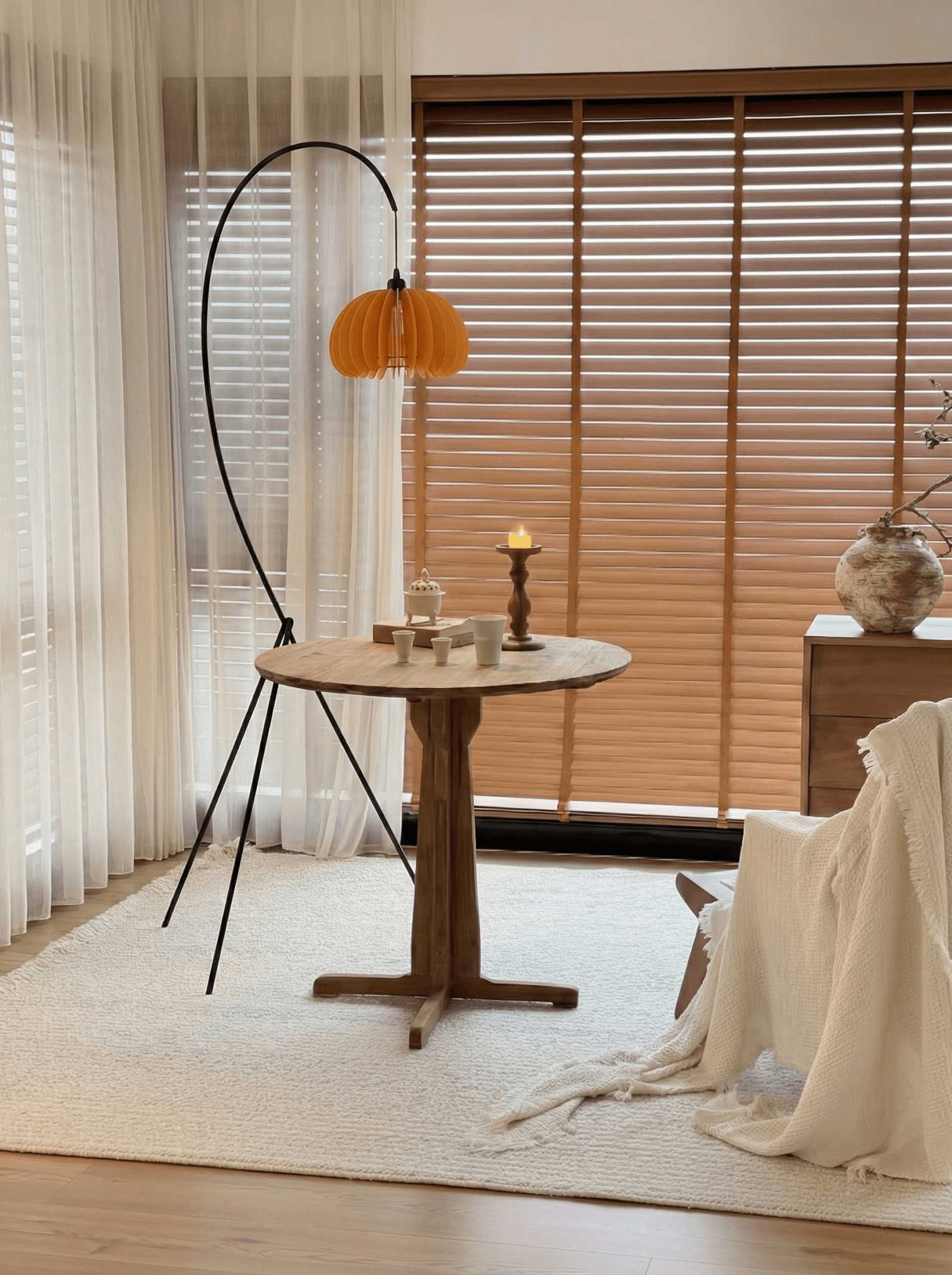 Hazel Tripod Wood Pumpkin Floor Lamp – Sculptural Modern Arc Lighting for Cozy Interiors - Homezee