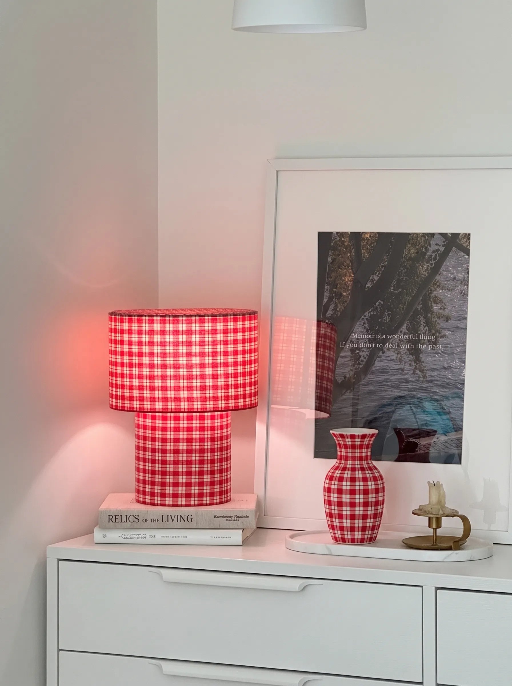 Josie Latticefield Retro Red Gingham Fabric Table Lamp