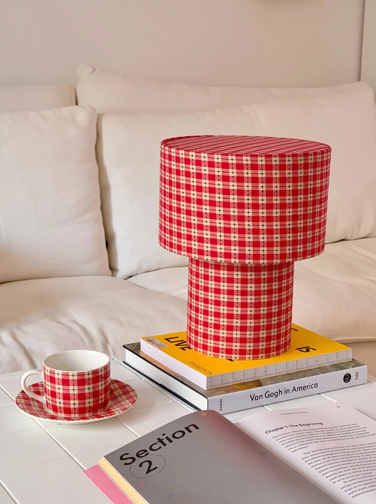 Josie Latticefield Retro Red Gingham Fabric Table Lamp