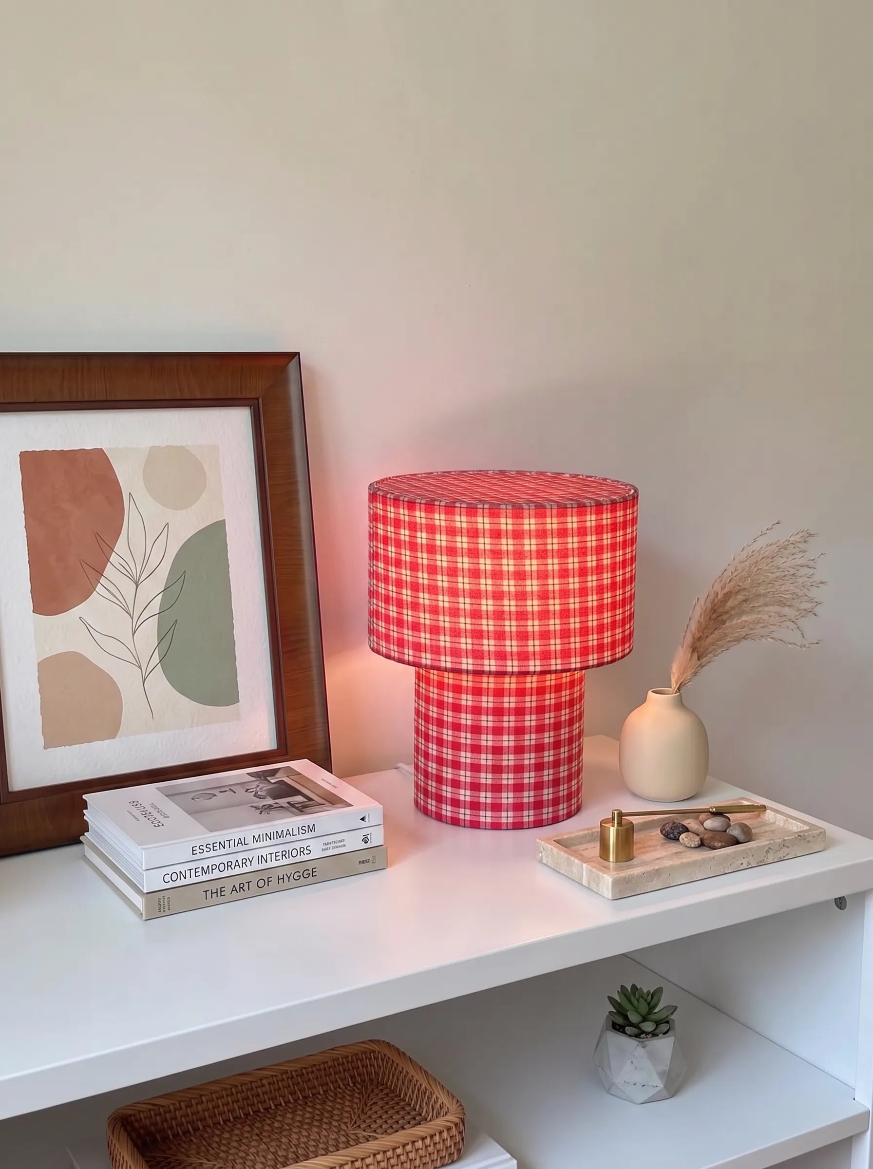 Josie Latticefield Retro Red Gingham Fabric Table Lamp