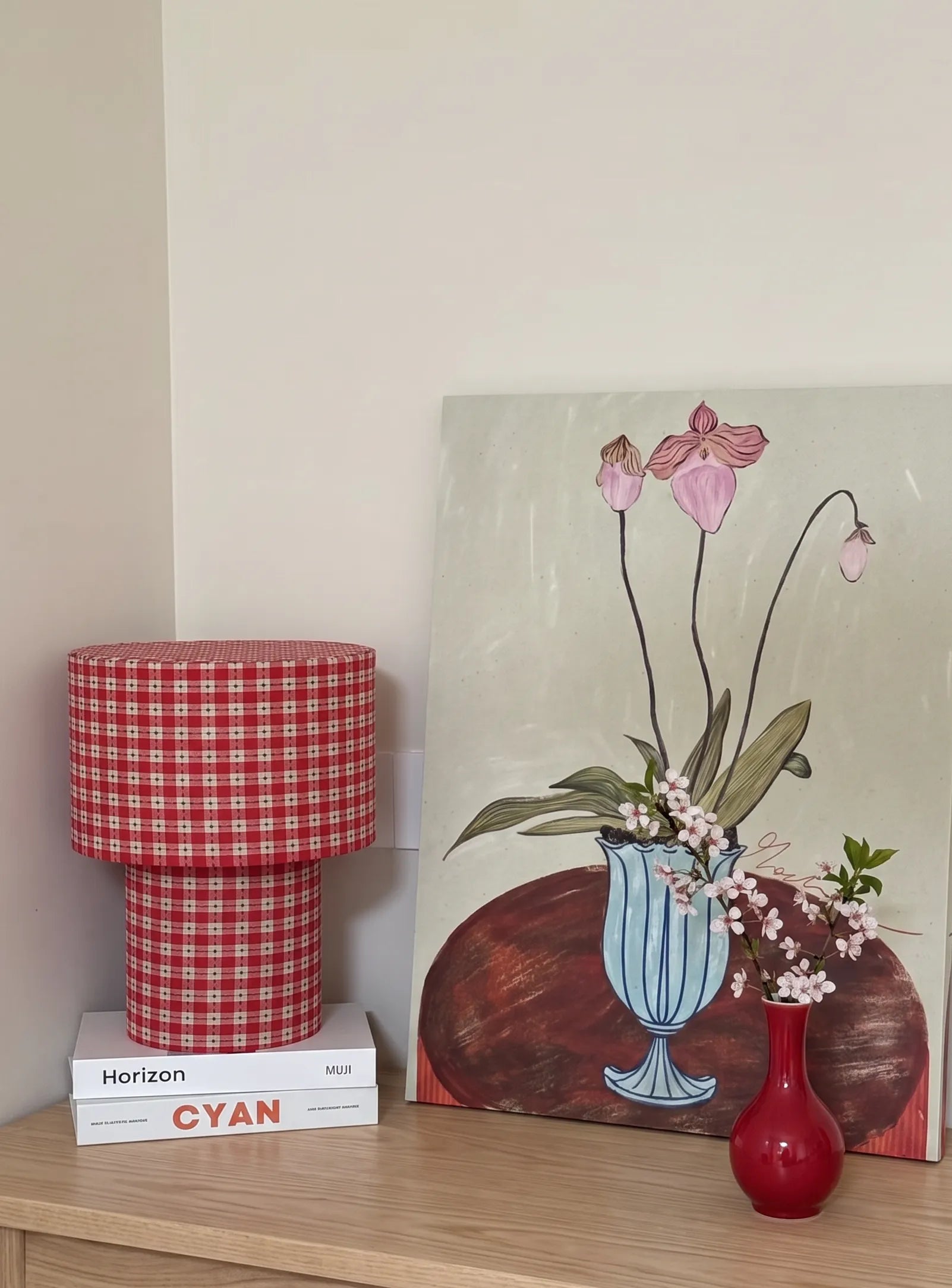 Josie Latticefield Retro Red Gingham Fabric Table Lamp