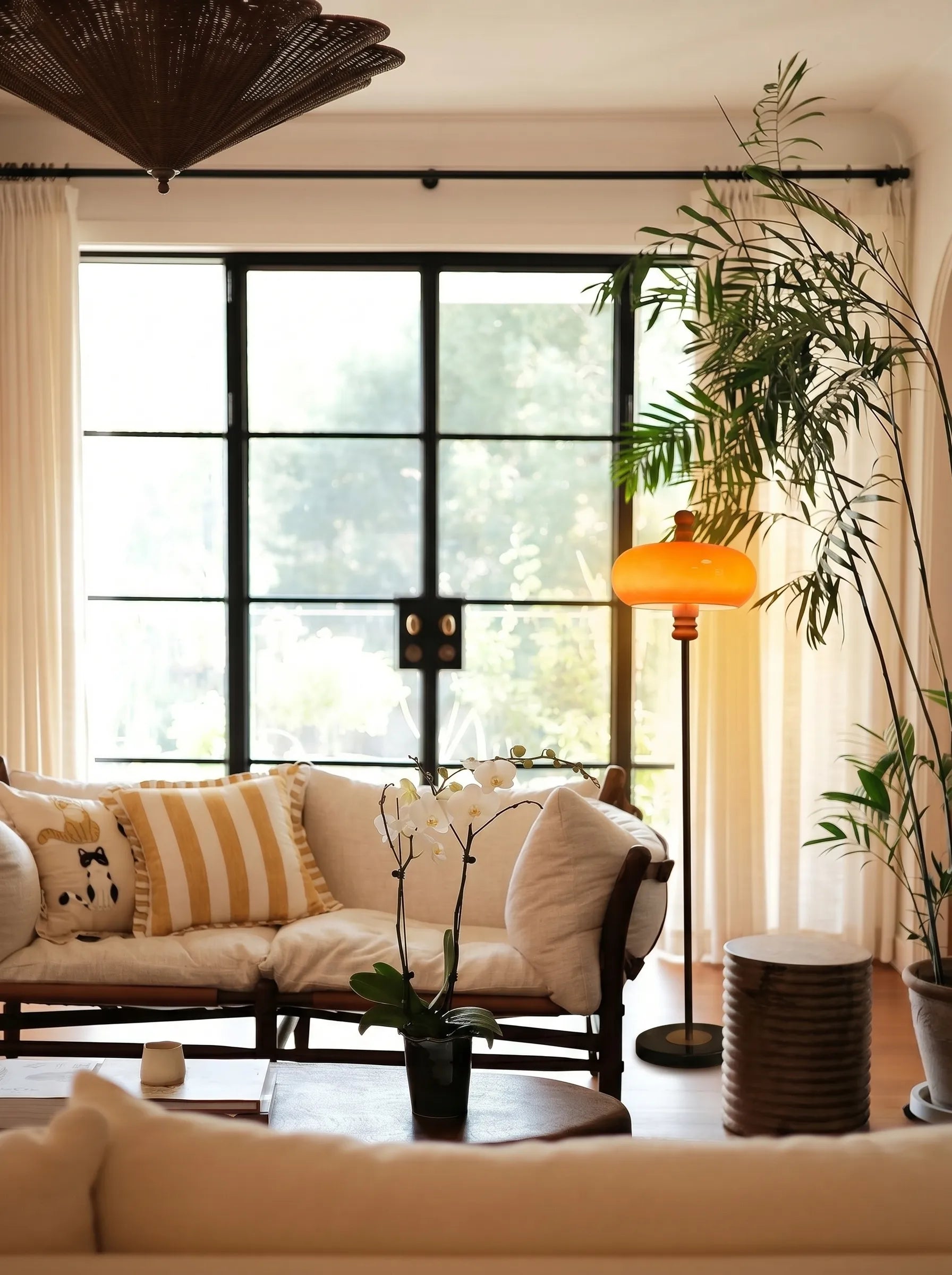 Mandarin Retro Floor Lamp Teak Wood Accent Orange Orange Amber Gradient