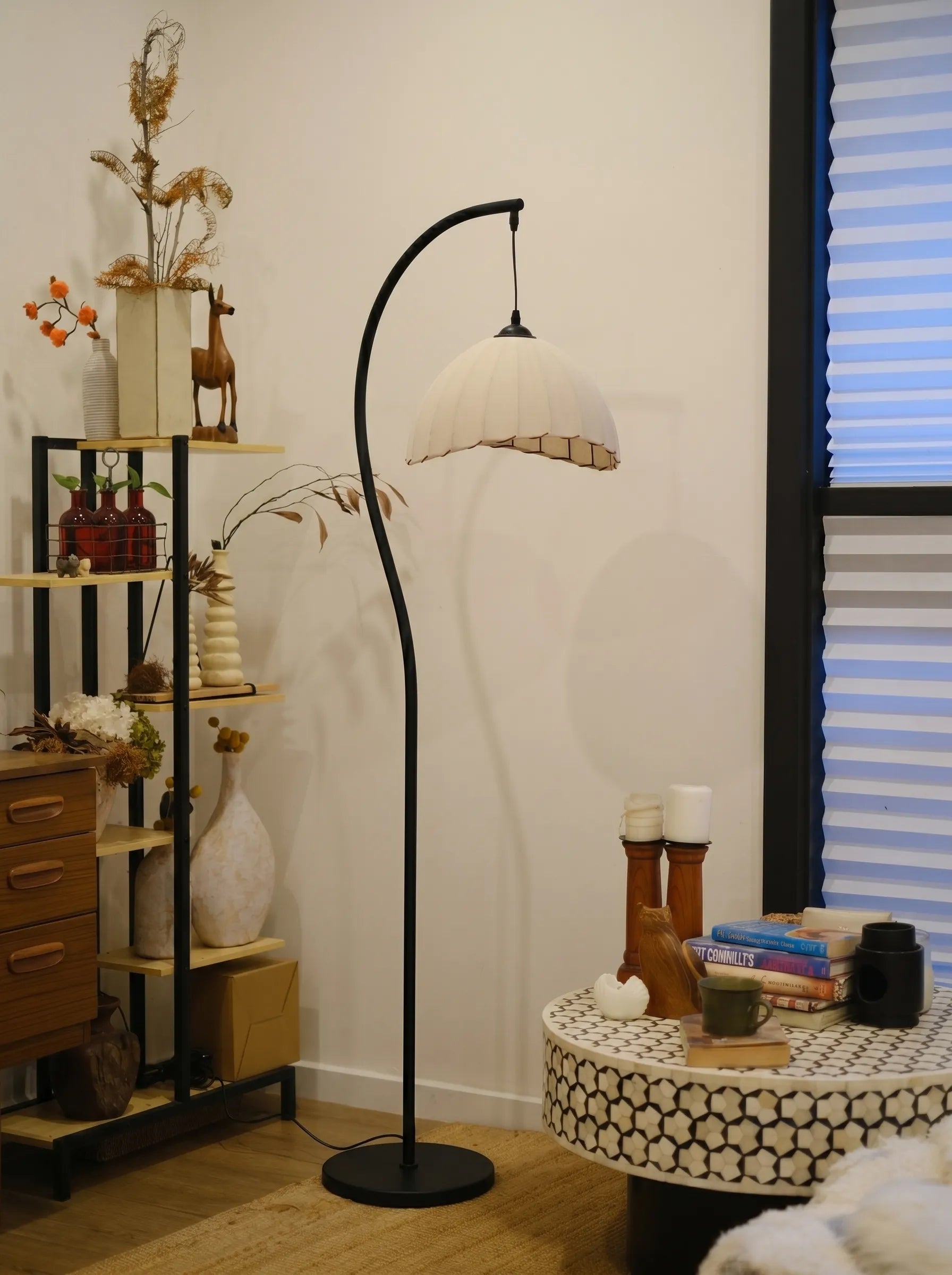 Suki Chinoiserie Arc Floor Lamp - Hemp Fabric Shade