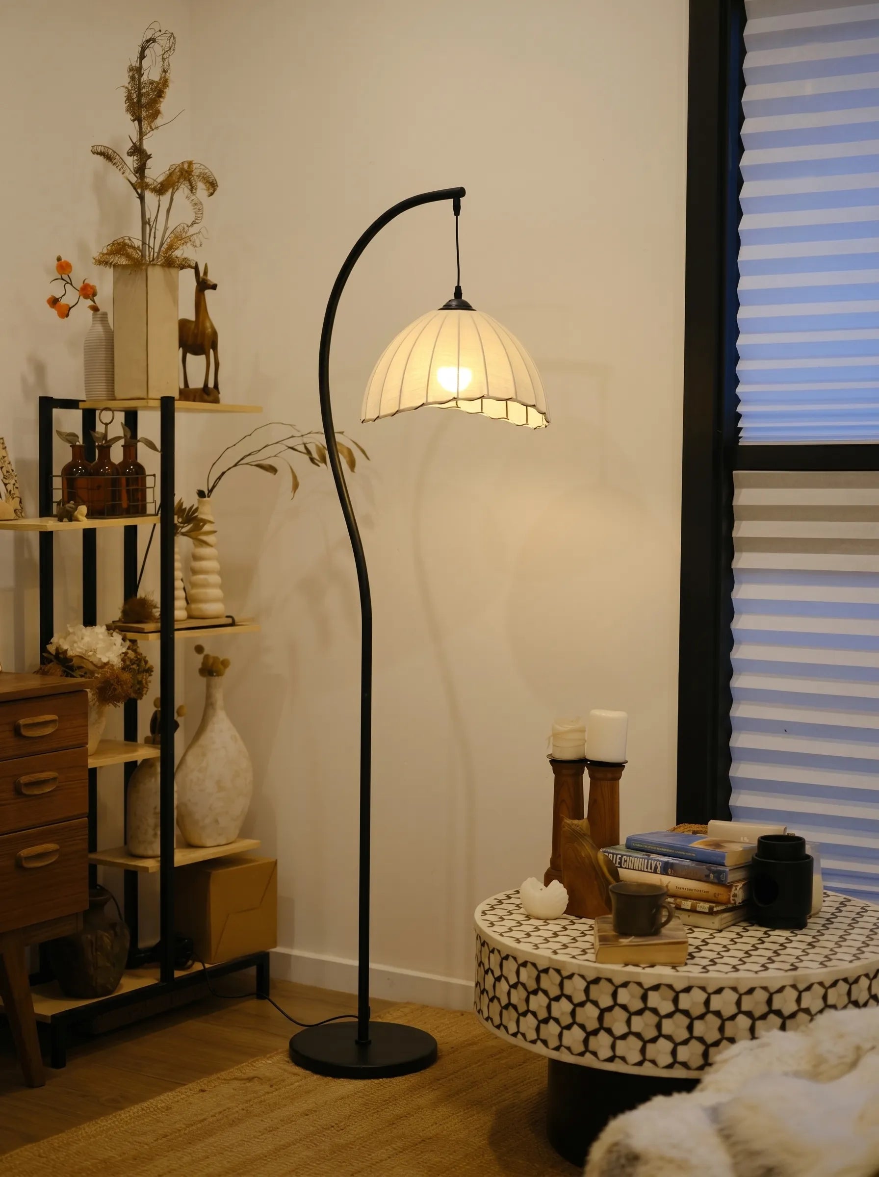 Suki Chinoiserie Arc Floor Lamp - Hemp Fabric Shade