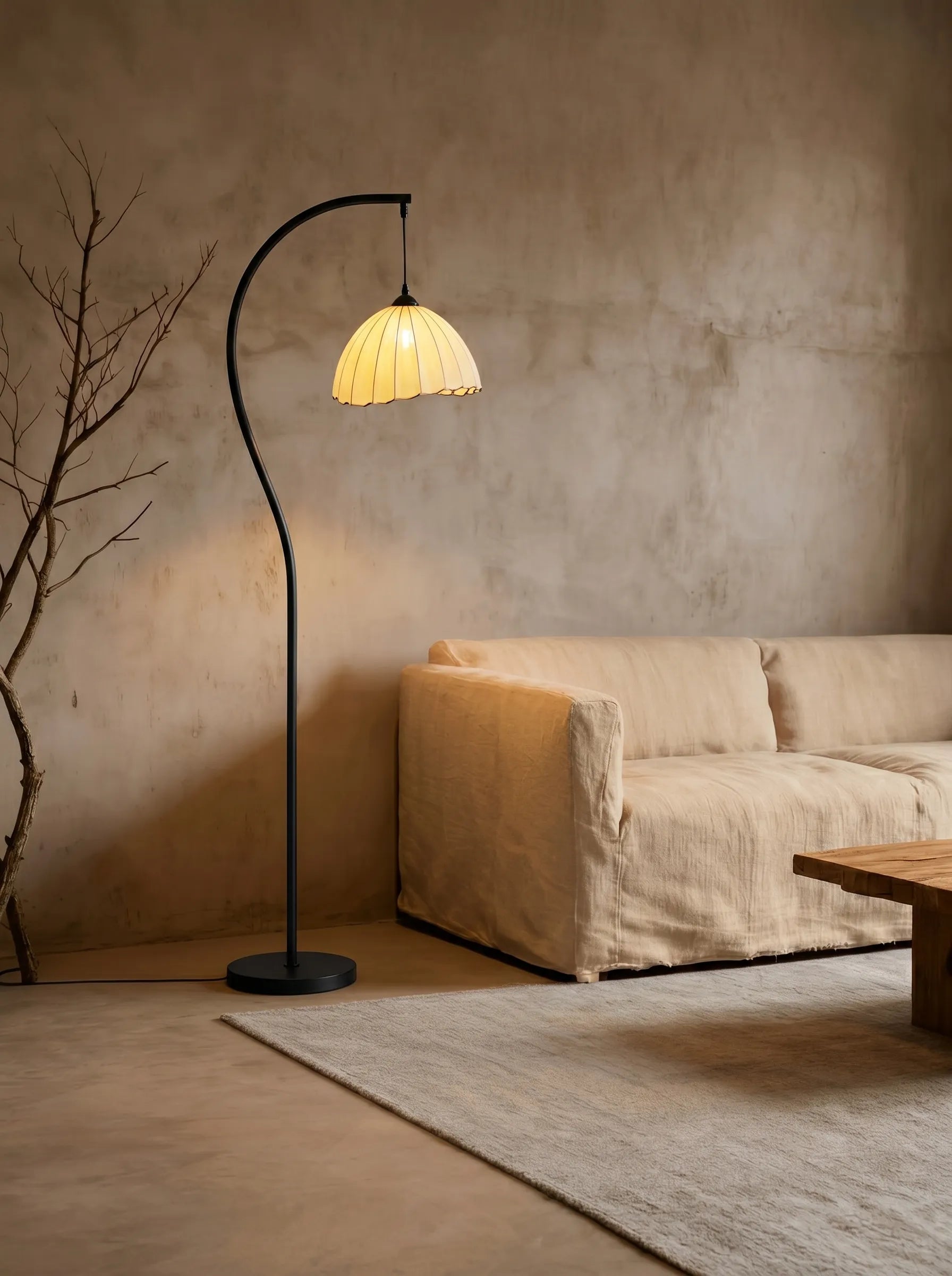 Suki Chinoiserie Arc Floor Lamp - Hemp Fabric Shade