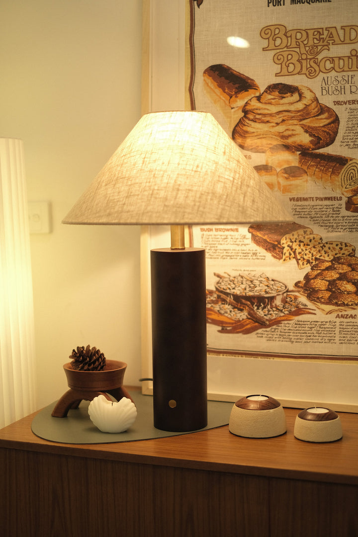 Morgan wooden bedside lamp close-up with brass control
