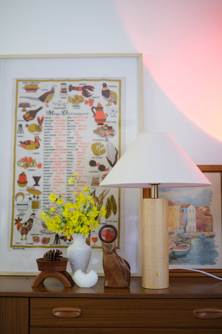 Teak wood table lamp with touch brass button and Type-C port 