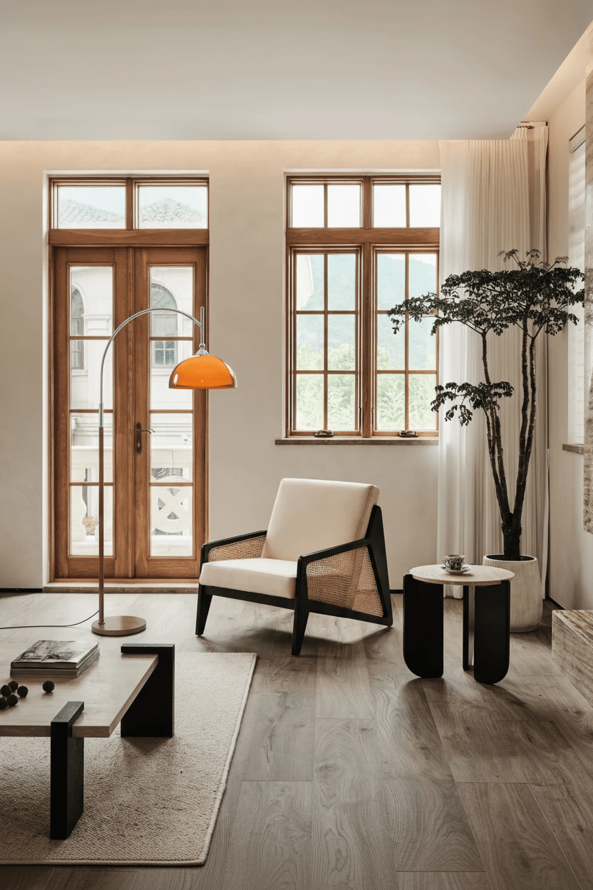 Coby Arc Floor Lamp | Chrome & Wood - grain - Homezee