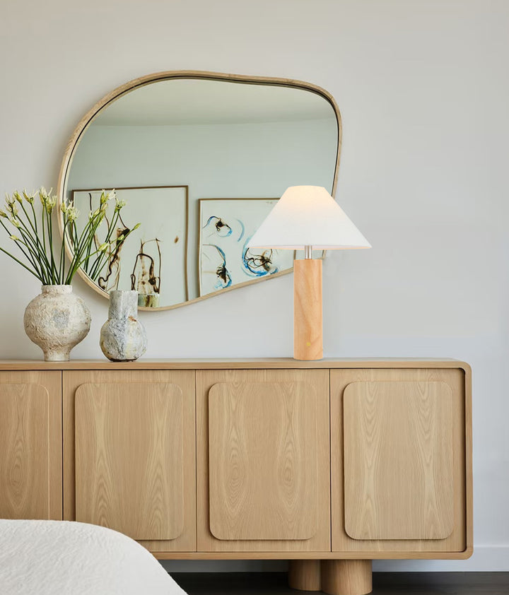 Teak wood table lamp with touch brass button and Type-C port on a sideboard