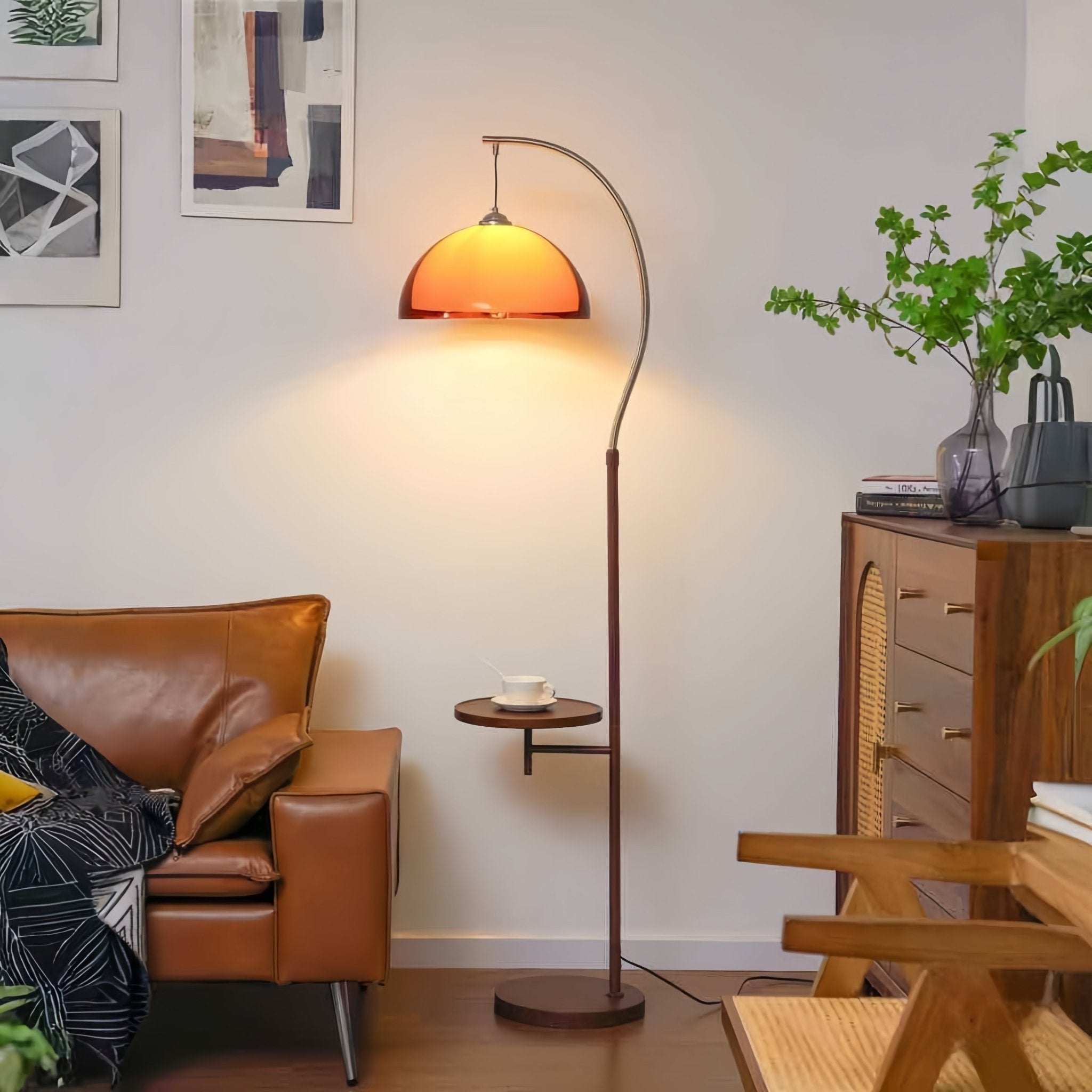 Coby Arc Floor Lamp Double Mushroom Shade with Optional Shelf - Homezee