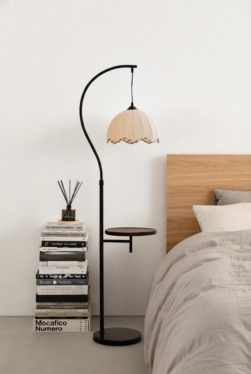 Suki Arc Floor Lamp with Table | Hemp Fabric Shade - Homezee