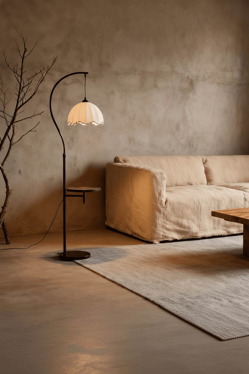 Suki Arc Floor Lamp with Table | Hemp Fabric Shade - Homezee