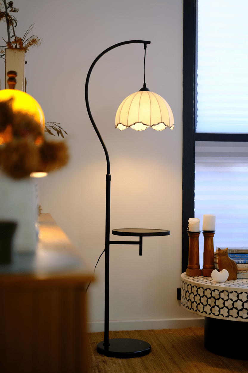 Suki Arc Floor Lamp with Table | Hemp Fabric Shade - Homezee