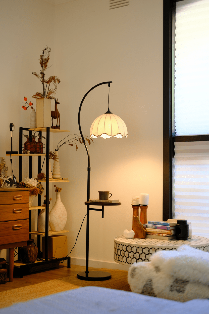 Suki Arc Floor Lamp with Table | Hemp Fabric Shade - Homezee