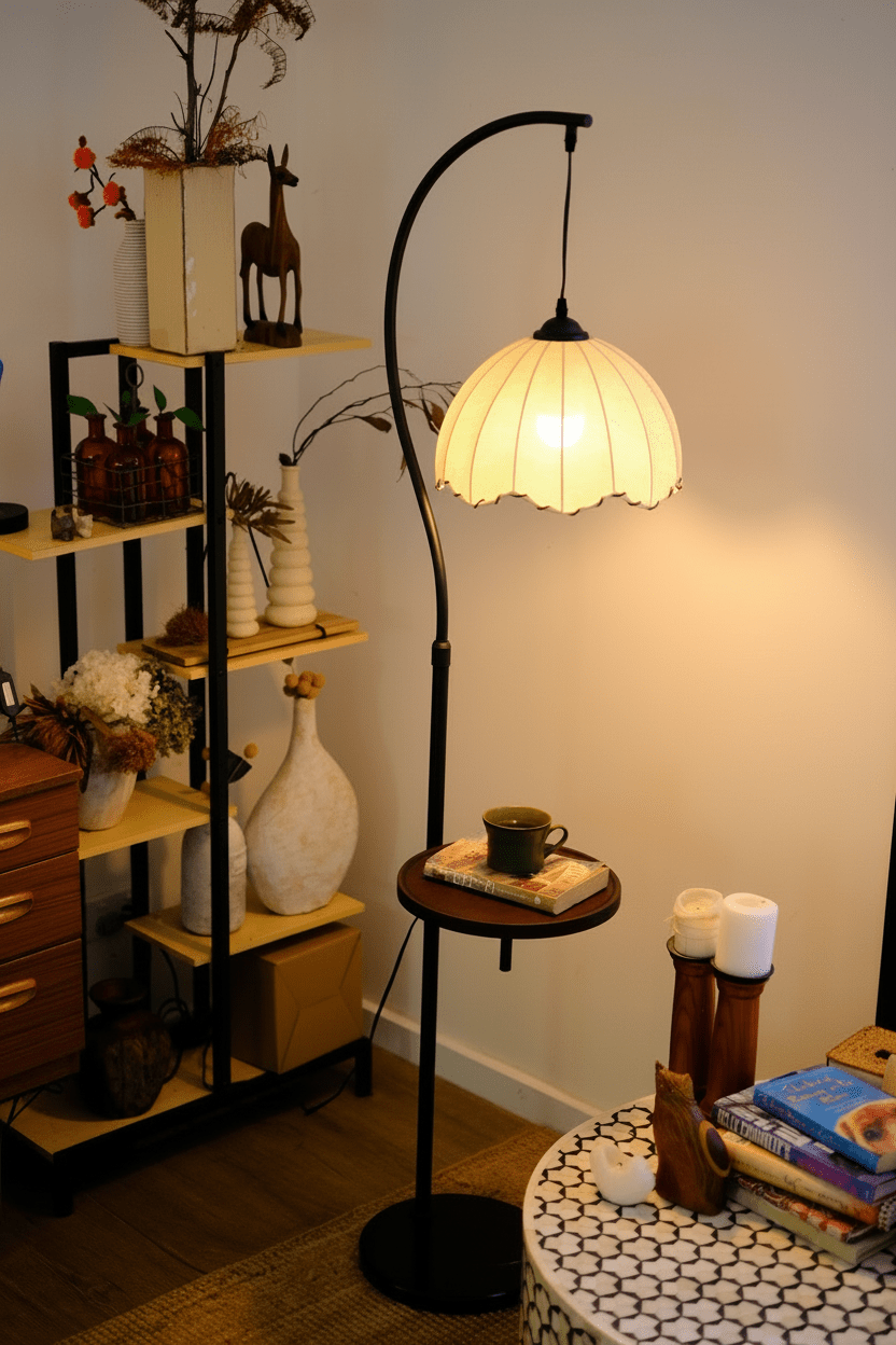 Suki Arc Floor Lamp with Table | Hemp Fabric Shade - Homezee