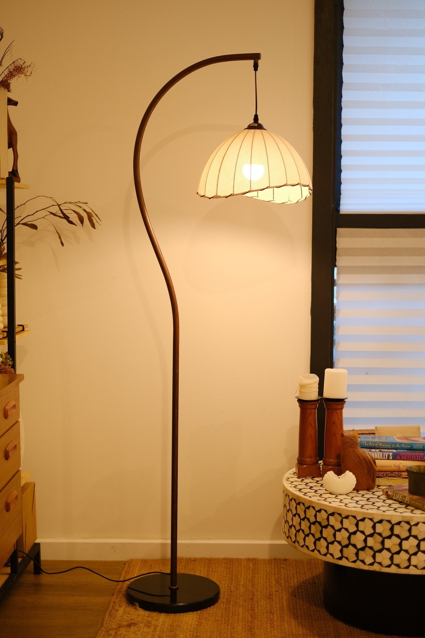 Suki Chinoiserie Arc Floor Lamp | Hemp Fabric Shade - Homezee